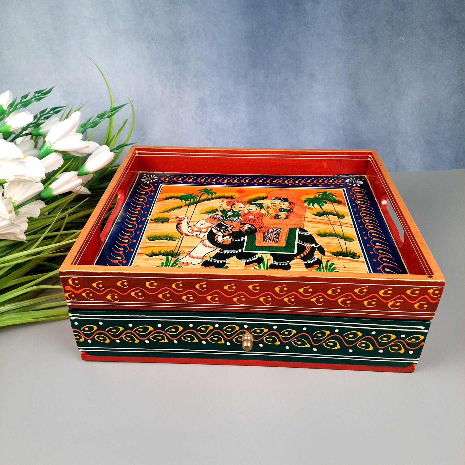 Serving Tray Wooden With Drawer | Tray Cum Organizer for Keeping Tea/ Sugar/ Coffee Sachet & Cutlery - for Home, Dining Table, Kitchen Decor, Restaurant, Office, Cafe - 12 Inch - Apkamart