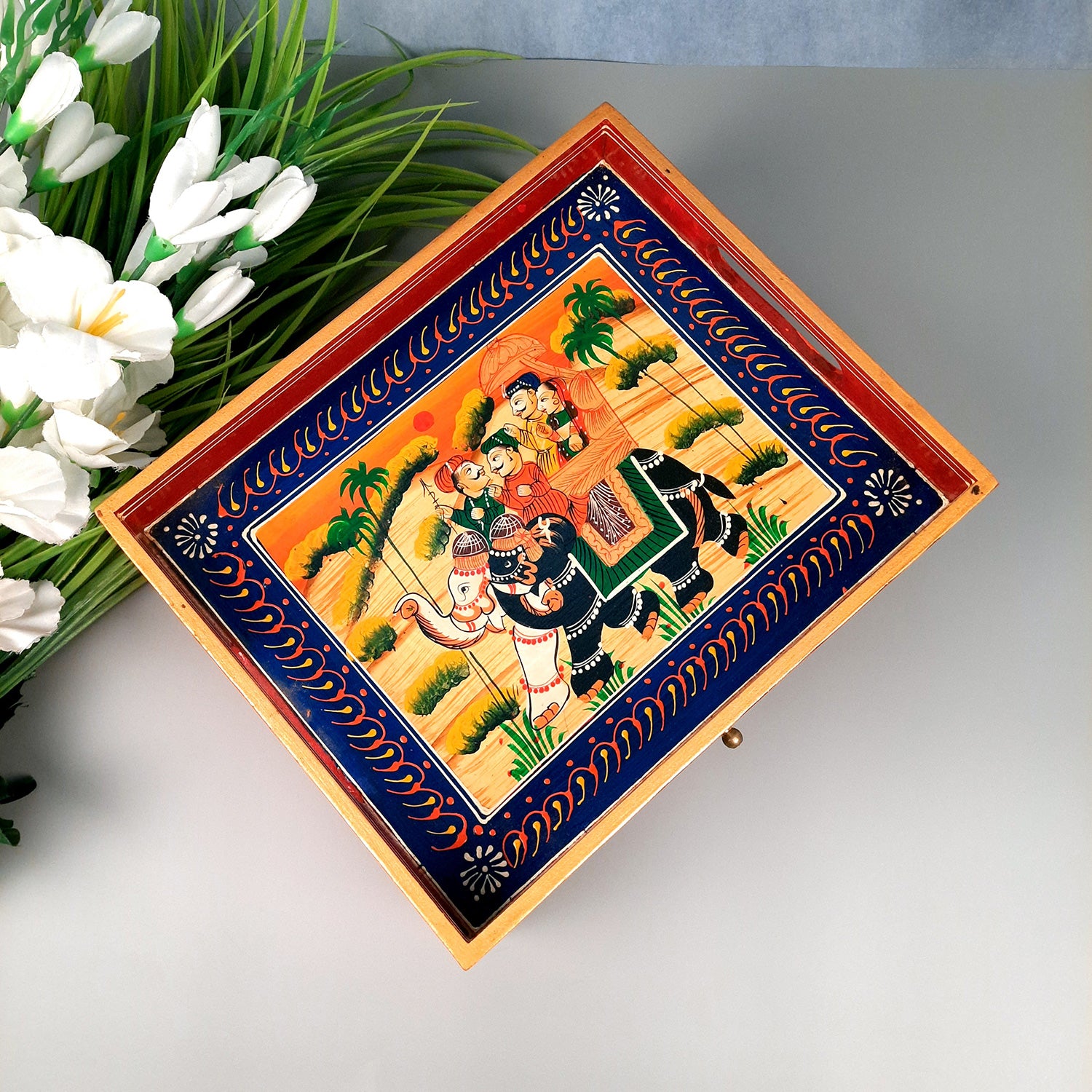 Serving Tray Wooden With Drawer | Tray Cum Organizer for Keeping Tea/ Sugar/ Coffee Sachet & Cutlery - for Home, Dining Table, Kitchen Decor, Restaurant, Office, Cafe - 12 Inch - Apkamart