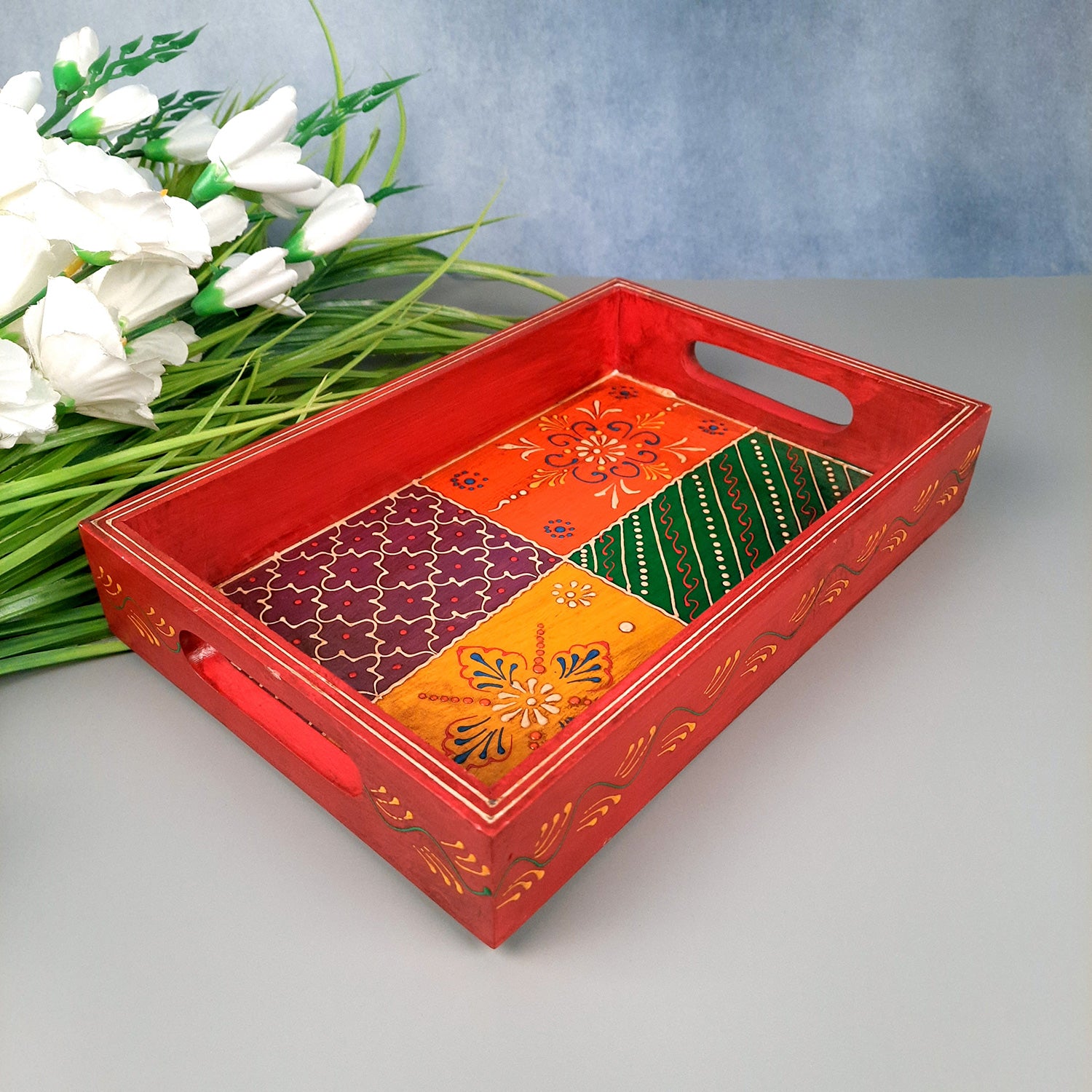 Serving Tray | Tea & Snacks Serving Platter Wooden | Tray With Handles - for Home, Dining Table, Kitchen Decor, Restaurants, Office, Cafe & Gifts - 12 Inch - Apkamart