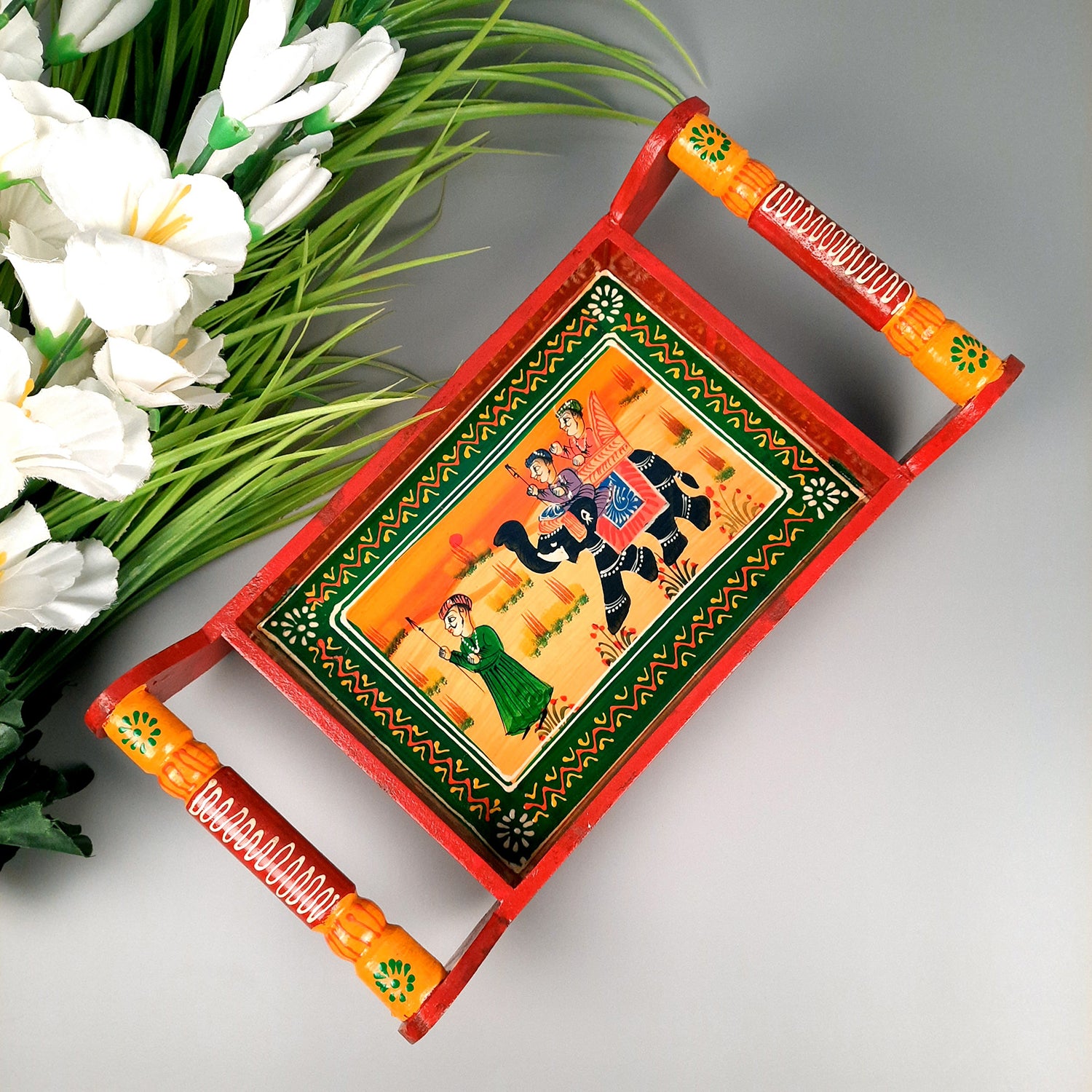 Serving Tray | Tea & Snacks Serving Platter Wooden | Tray With Handles - for Home, Dining Table, Kitchen Decor, Restaurants, Office, Cafe & Gifts - 13 Inch - Apkamart