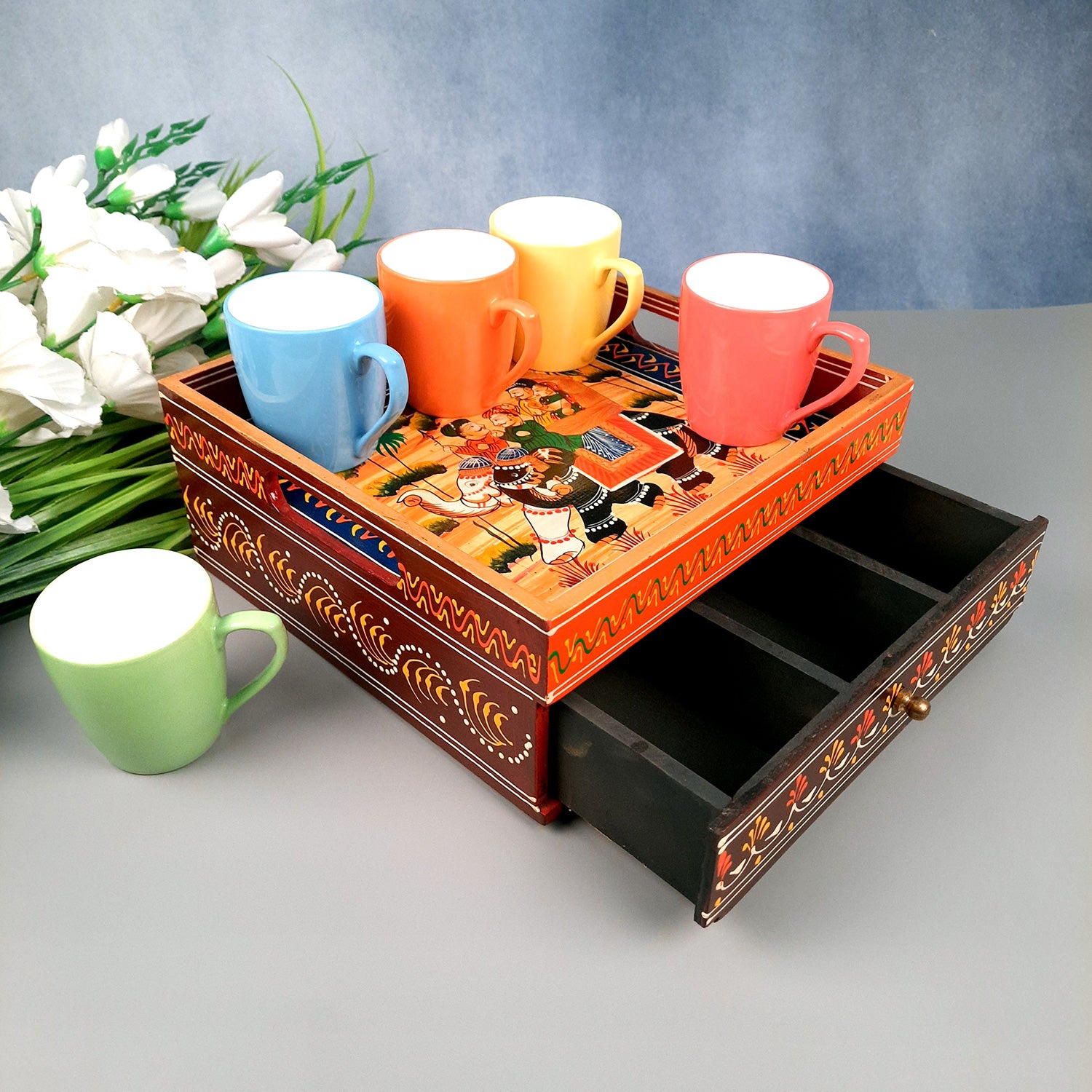Serving Tray Wooden With Drawer | Tray Cum Organizer for Keeping Tea/ Sugar/ Coffee Sachet & Cutlery - for Home, Dining Table, Kitchen Decor, Restaurant, Office, Cafe - 10 Inch - Apkamart