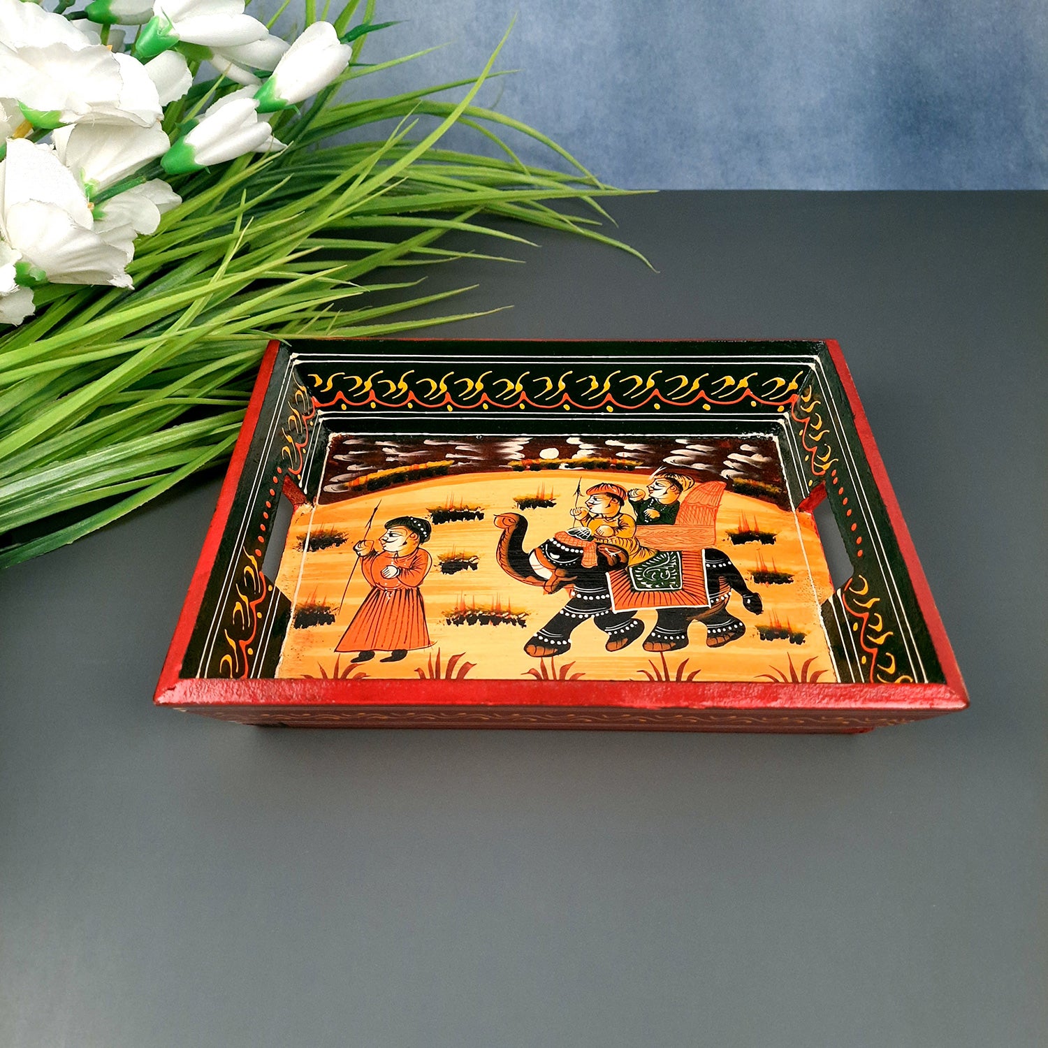 Wooden Serving Tray | Tea & Snacks Serving Platter For Home, Dining Table, Kitchen Decor | Wedding & Housewarming Gift - 10 Inch - Apkamart