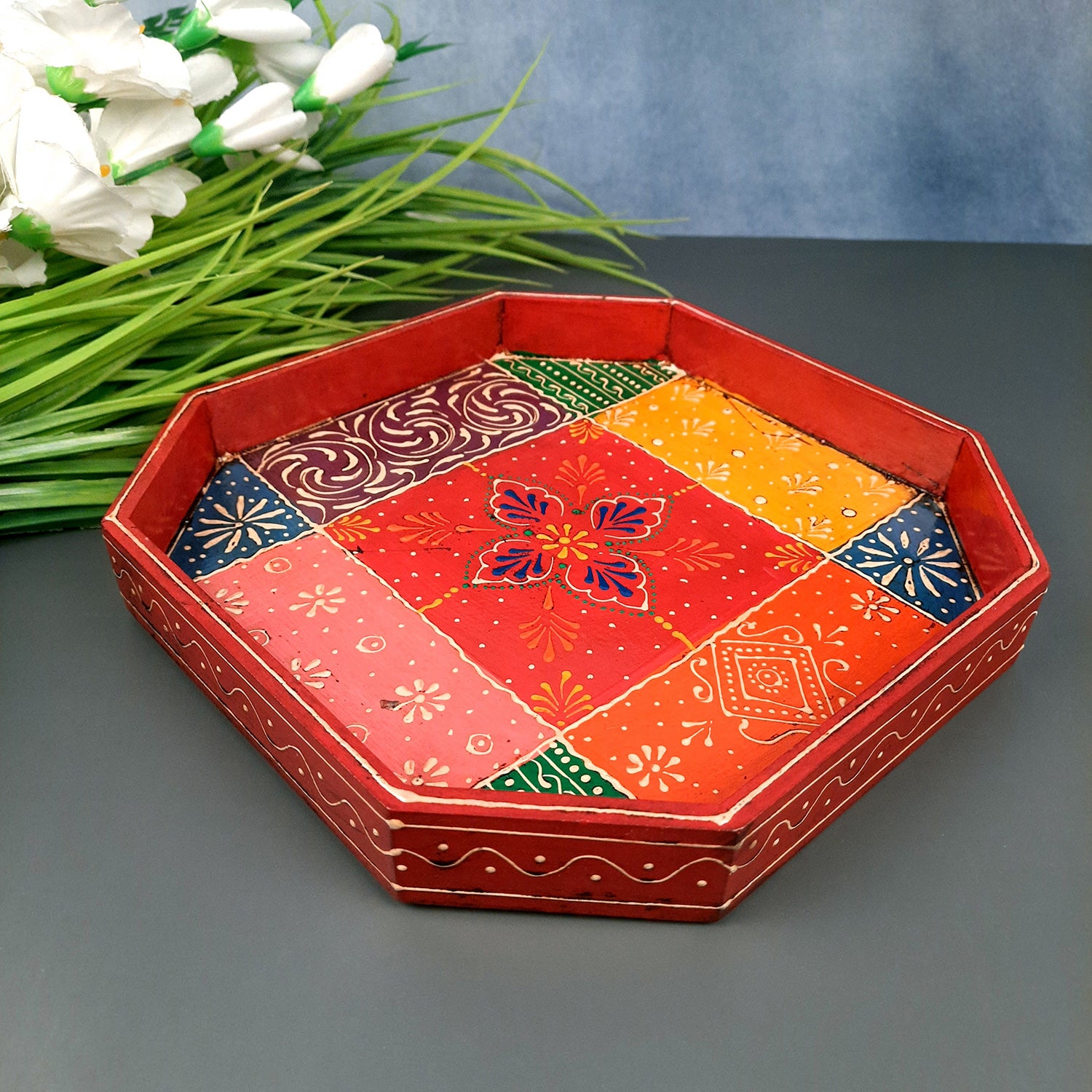 Serving Tray Wooden | Tea & Snacks Serving Platter - for Home, Dining Table, Kitchen Decor | Wedding & Housewarming Gift (Set of 3)- Apkamart