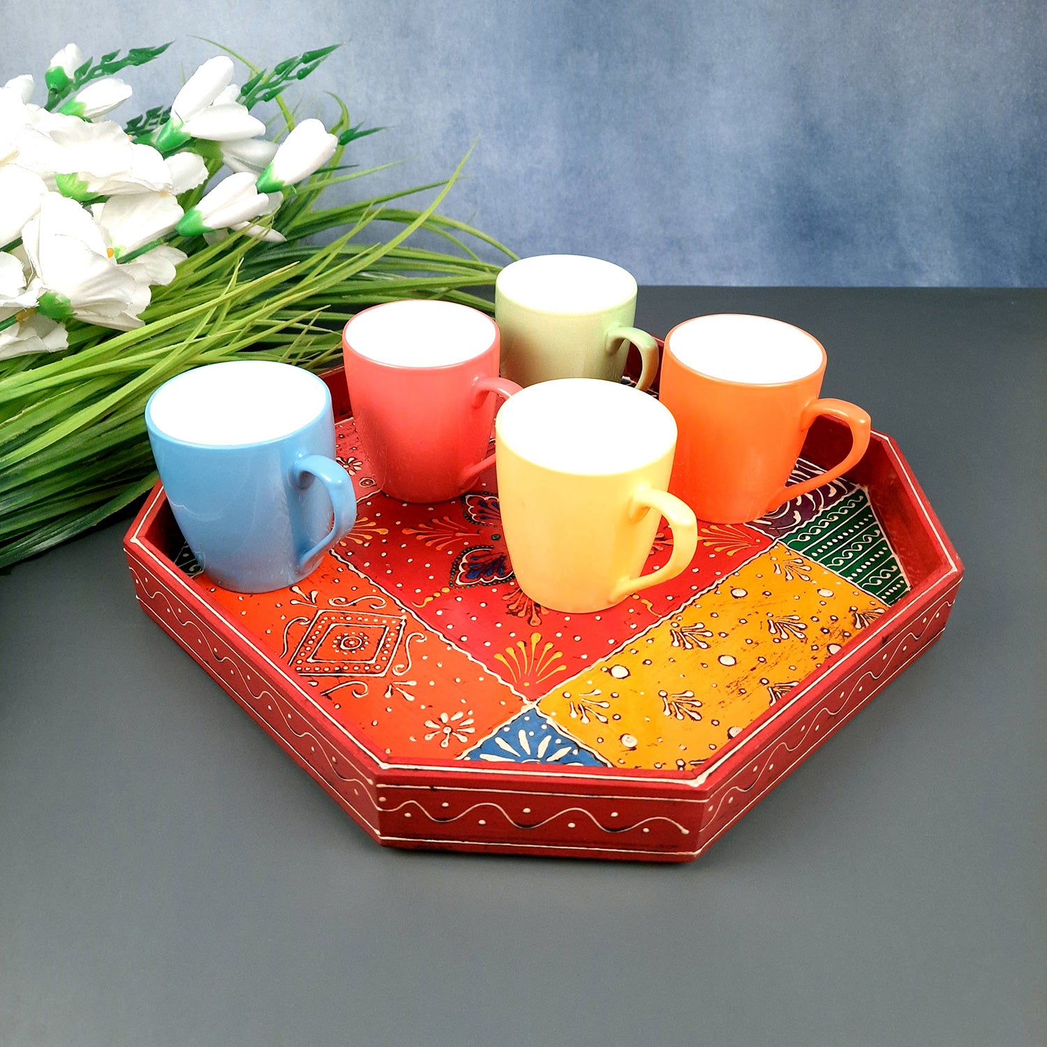 Serving Tray Wooden | Tea & Snacks Serving Platter - for Home, Dining Table, Kitchen Decor | Wedding & Housewarming Gift (Set of 3)- Apkamart