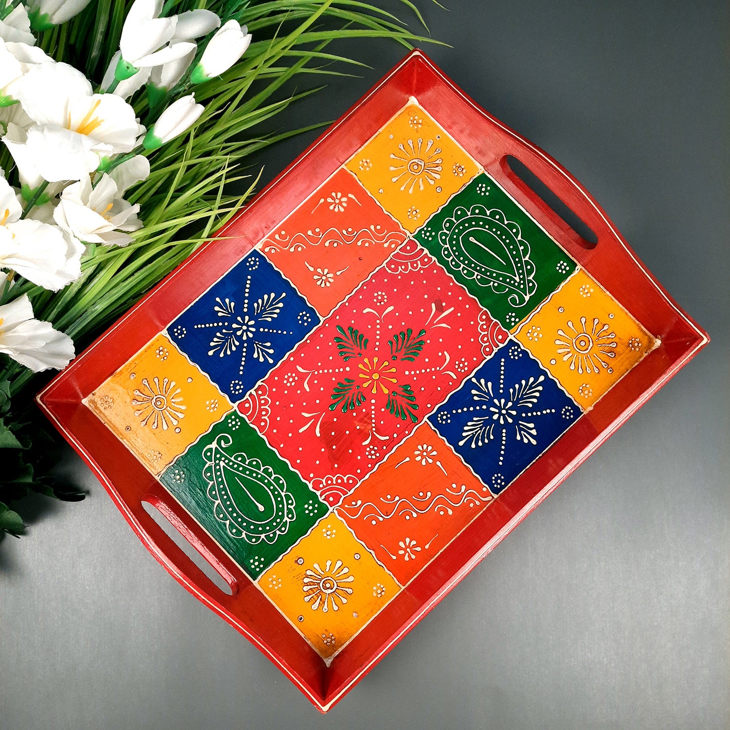 Serving Tray Wooden | Tea & Snacks Serving Platter - for Home, Dining Table, Kitchen Decor & Gift - 14 Inch - Apkamart