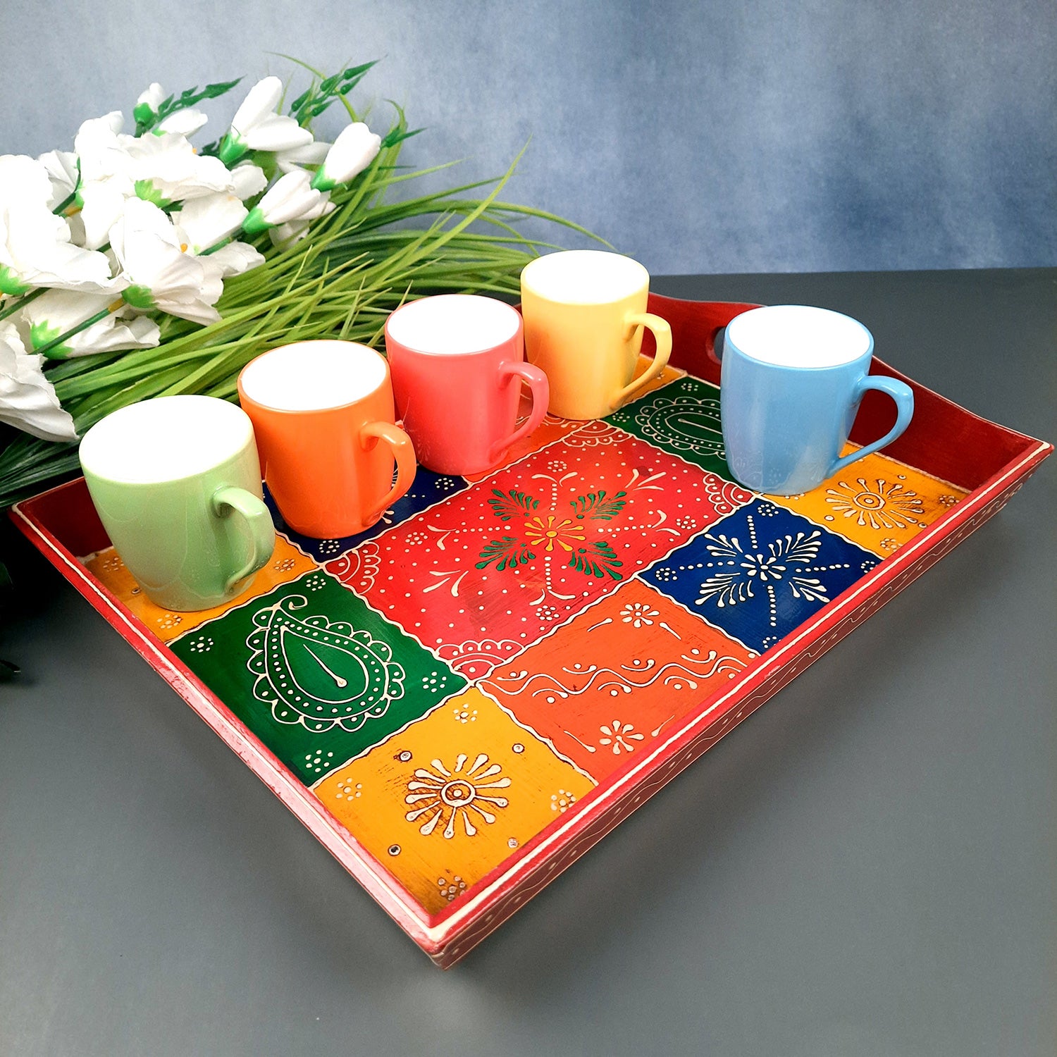 Serving Tray Wooden | Tea & Snacks Serving Platter - for Home, Dining Table, Kitchen Decor & Gift - 14 Inch - Apkamart