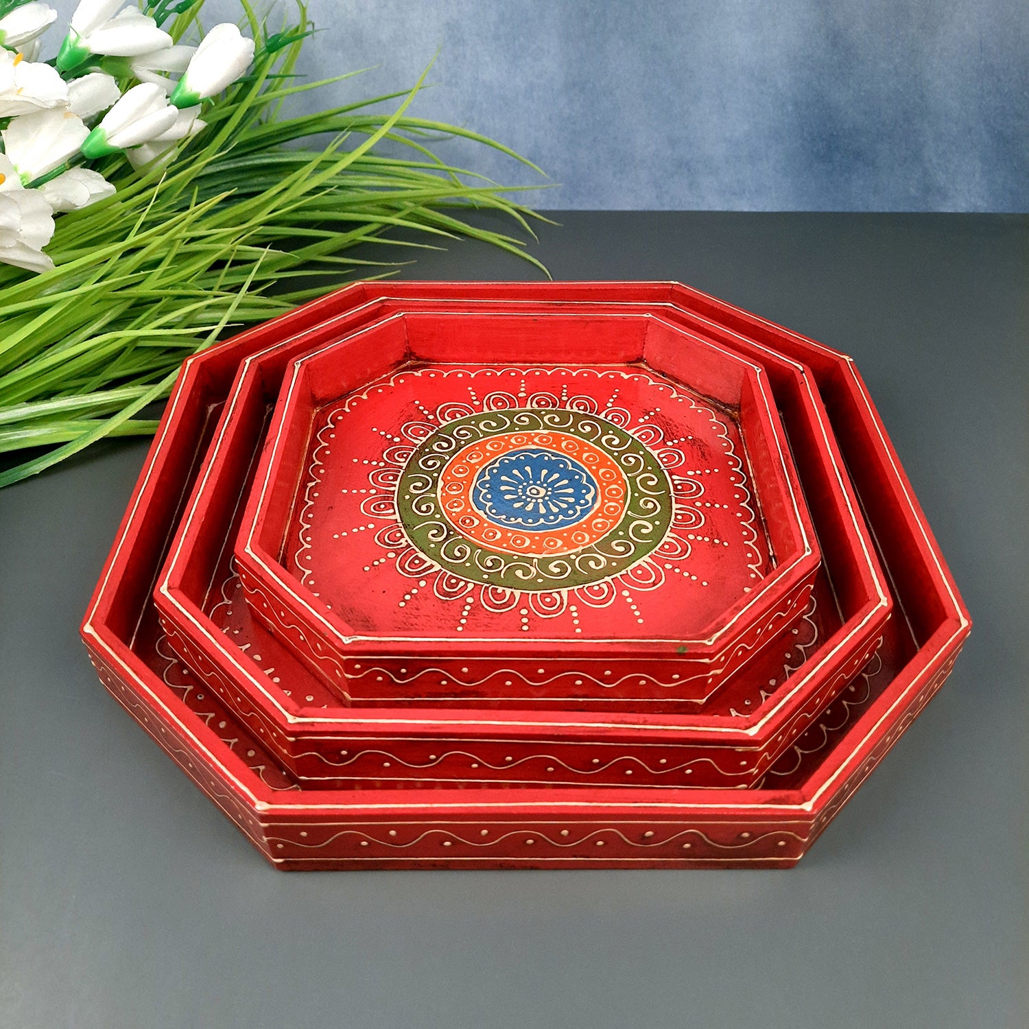 Wooden Serving Tray Set | Tea & Snacks Serving Platter - For Home, Dining Table, Kitchen Decor | Wedding & Housewarming Gift (Combo of 3) - Apkamart #Style_Design 2