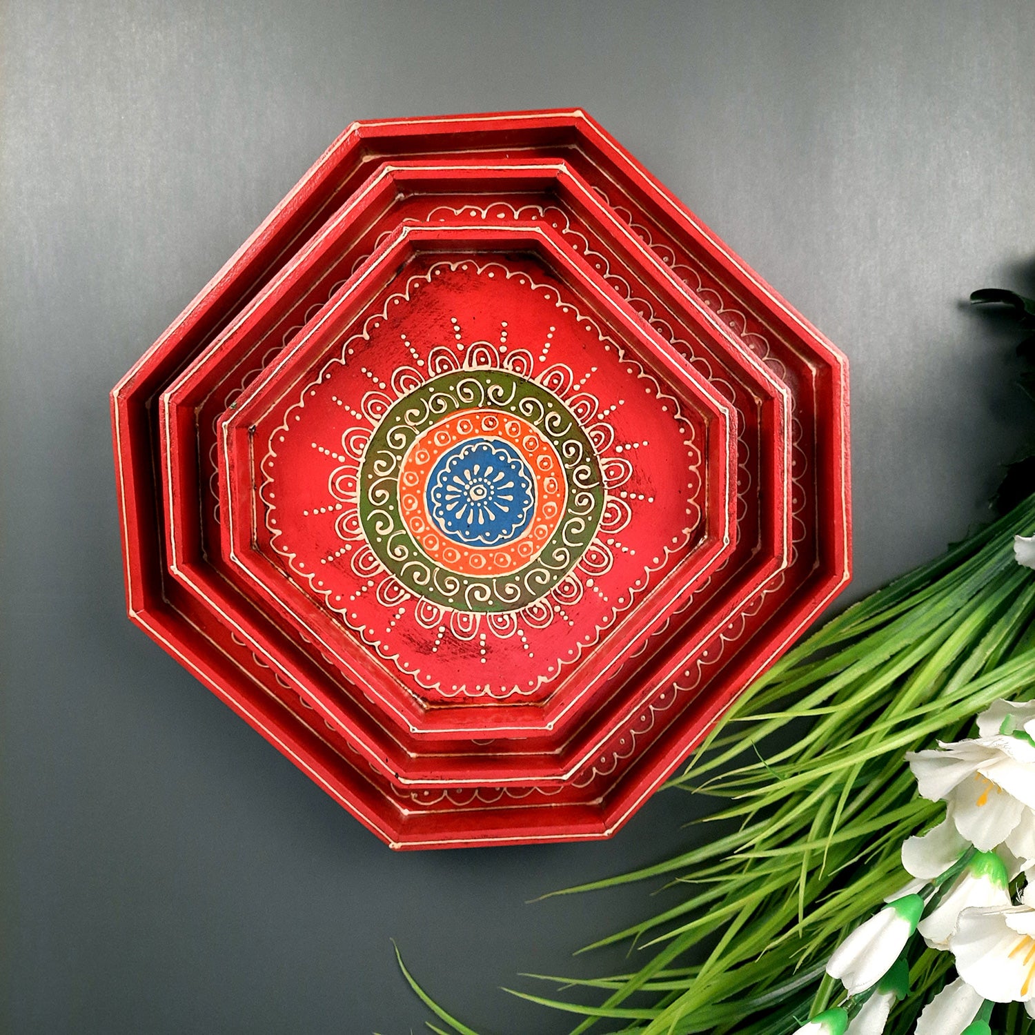 Wooden Serving Tray Set | Tea & Snacks Serving Platter - For Home, Dining Table, Kitchen Decor | Wedding & Housewarming Gift (Combo of 3) - Apkamart #Style_Design 2