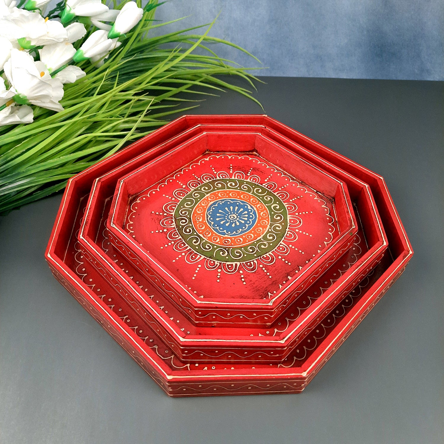 Wooden Serving Tray Set | Tea & Snacks Serving Platter - For Home, Dining Table, Kitchen Decor | Wedding & Housewarming Gift (Combo of 3) - Apkamart #Style_Design 2