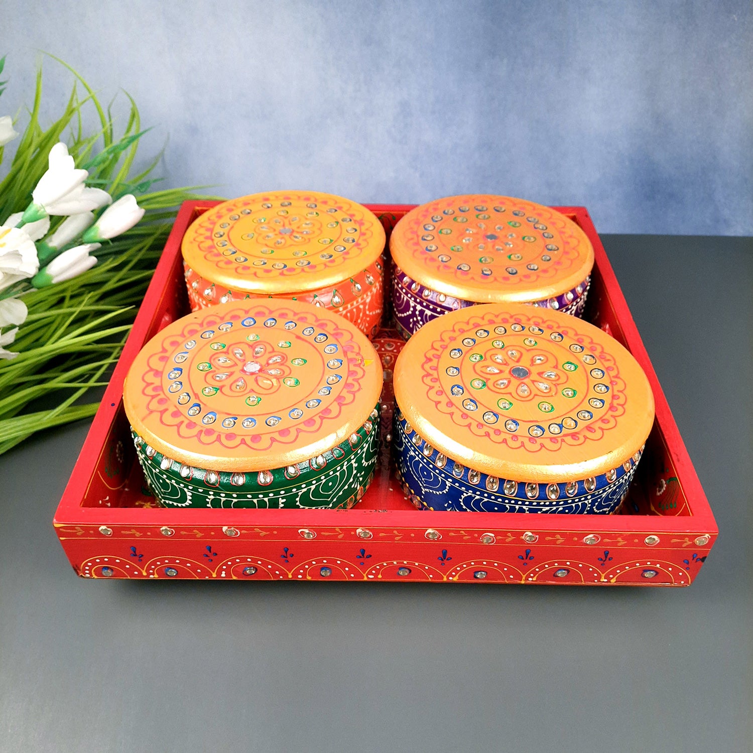 Serving Tray Wooden With Four Steel Bowls & Lid | Snack & Dry Fruit Serving Tray - For Home, Dining Table, Kitchen Decor | Wedding & Housewarming Gift - Apkamart