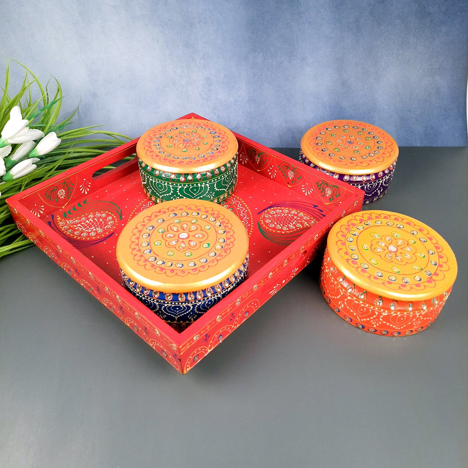 Serving Tray Wooden With Four Steel Bowls & Lid | Snack & Dry Fruit Serving Tray - For Home, Dining Table, Kitchen Decor | Wedding & Housewarming Gift - Apkamart