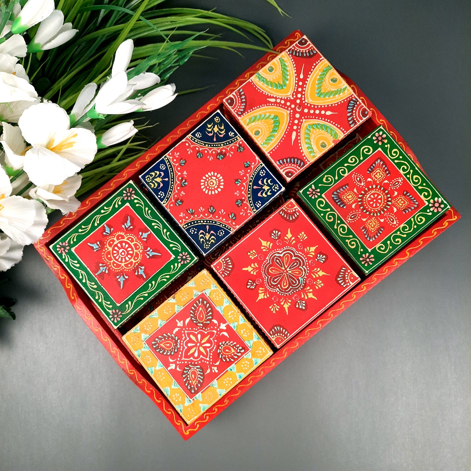 Serving Tray Wooden With Six Boxes & Lid | Mutipurpose Organizer Tray - For Dining Table, Kitchen , Organization & Gifts - Apkamart