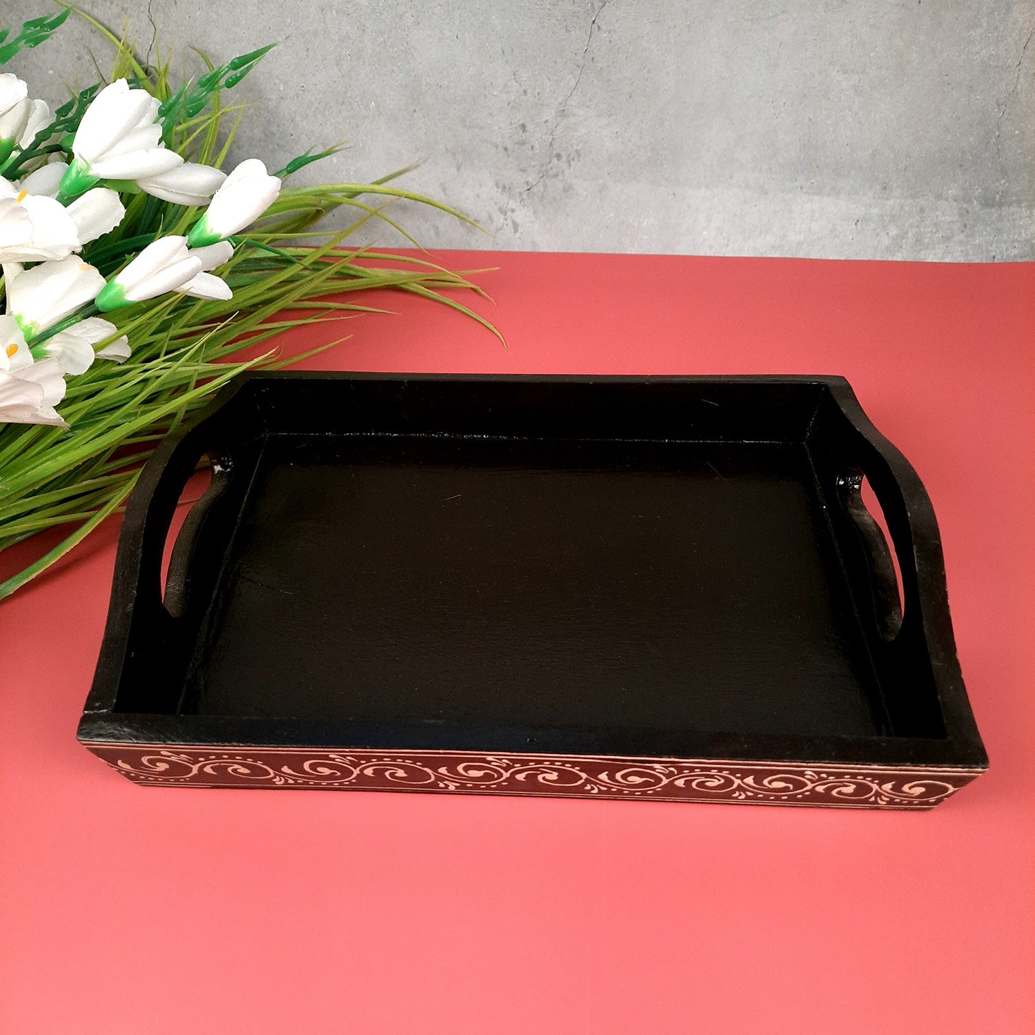 Serving Tray Wooden | Tea & Snacks Serving Platter | Hand Painted Tray - for Home, Dining Table, Kitchen Decor, Restaurants, Office, Cafe & Gifts - 12 Inch - Apkamart