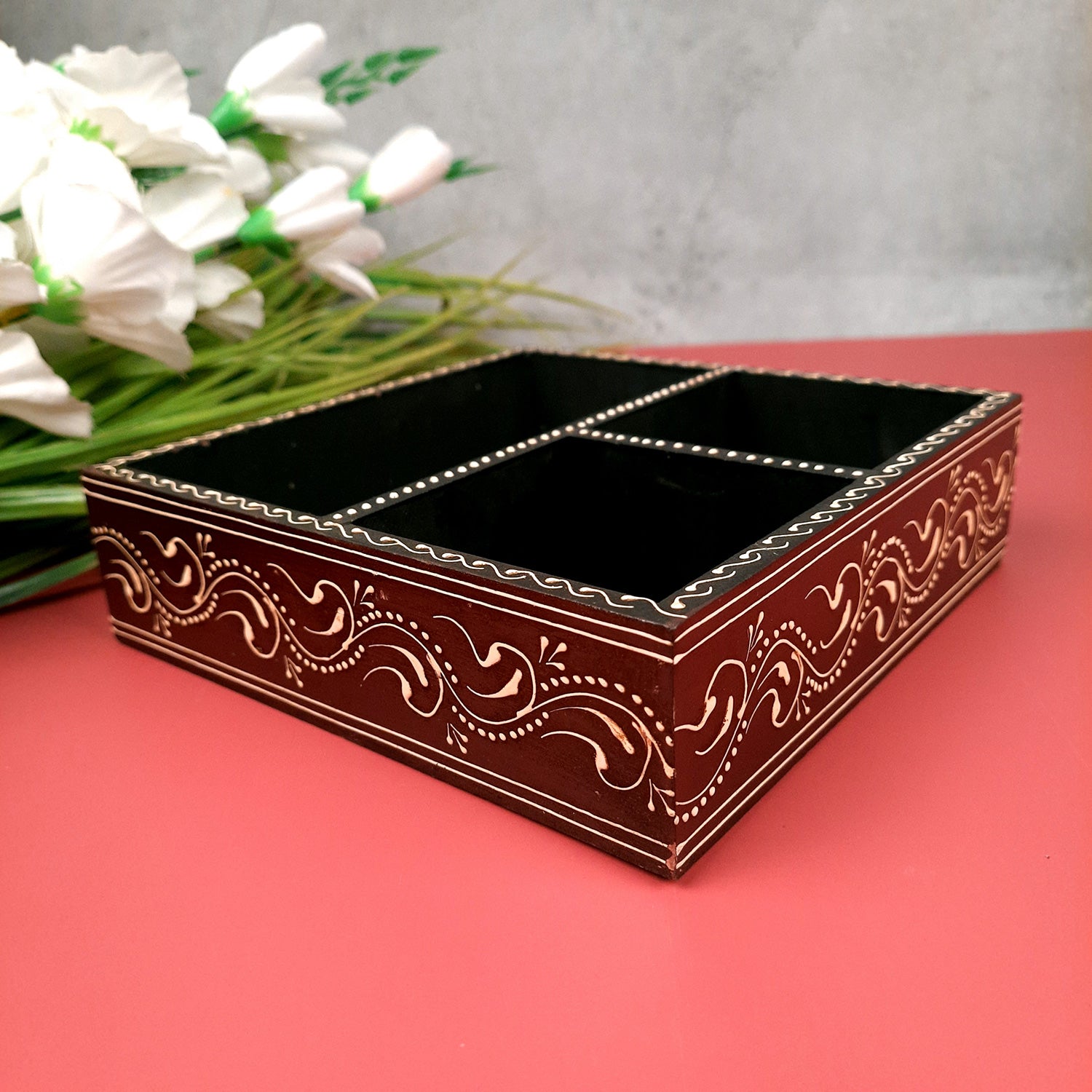 Serving Tray Wooden | Tray Cum Organizer for Keeping Tea/ Sugar/ Coffee Sachet & Cutlery - for Home, Dining Table, Kitchen Decor, Restaurant, Office, Cafe - 7 Inch - Apkamart