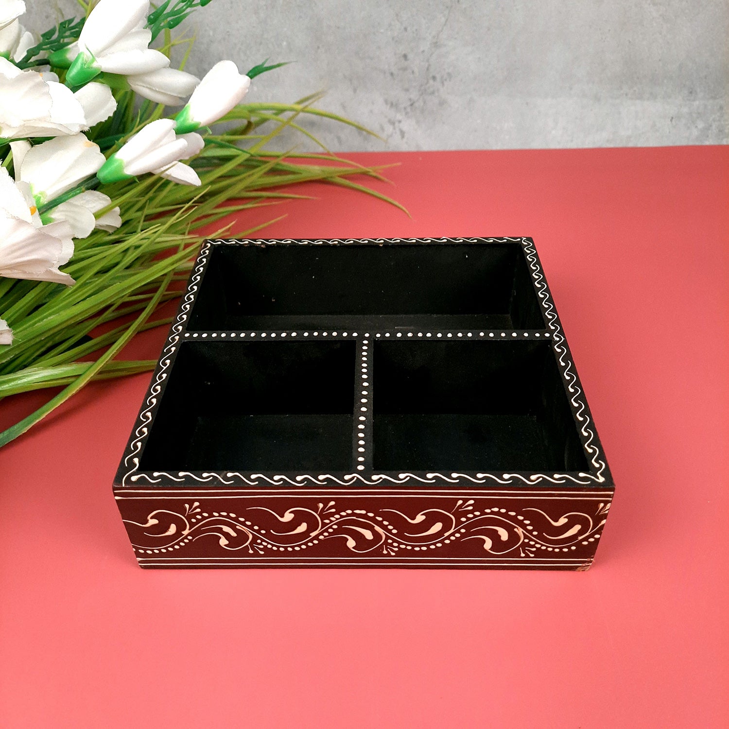 Serving Tray Wooden | Tray Cum Organizer for Keeping Tea/ Sugar/ Coffee Sachet & Cutlery - for Home, Dining Table, Kitchen Decor, Restaurant, Office, Cafe - 7 Inch - Apkamart
