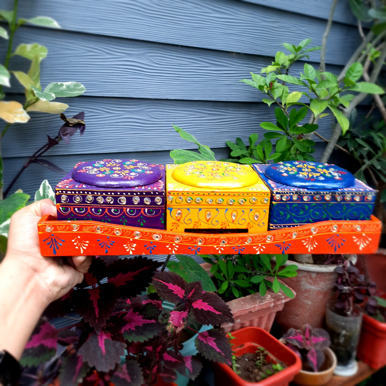 Serving Tray Wooden With Four Steel Bowls & Lid | Snack & Dry Fruit Serving Tray - For Home, Dining Table, Kitchen Decor | Wedding & Housewarming Gift