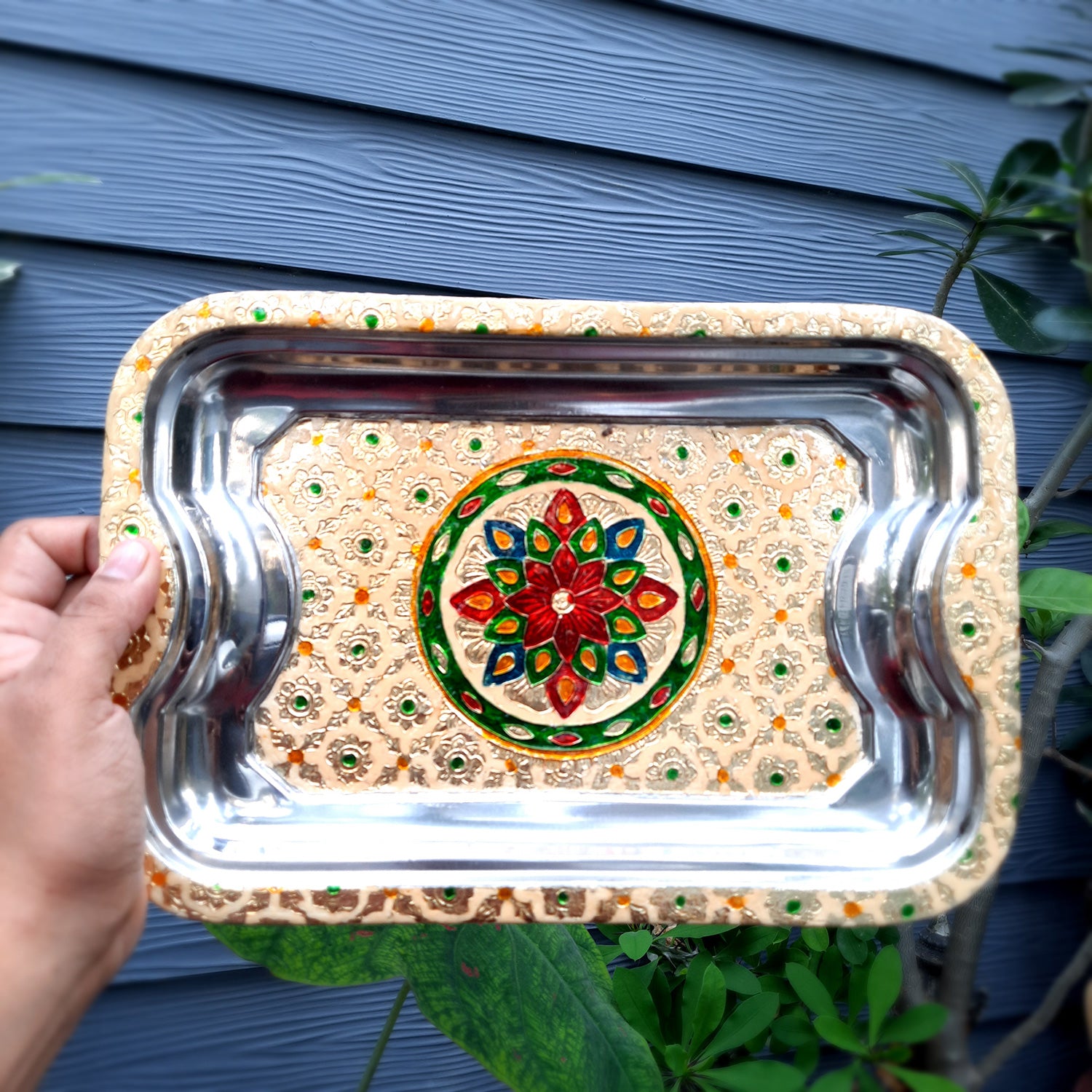 Serving Tray | Tea & Snacks Serving Platter | Rectangular Steel Tray - for Home, Dining Table, Kitchen Decor | Wedding & Housewarming Gift - 12 Inch - Apkamart