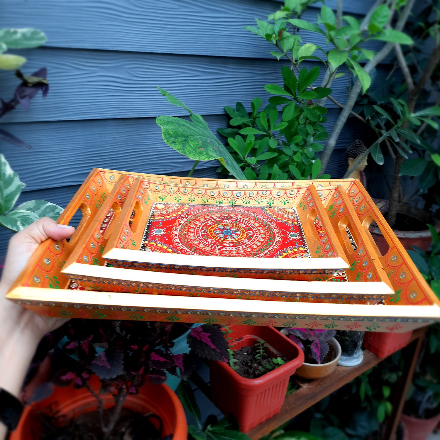 Wooden Serving Tray Set of 3 | Tea & Snacks Serving Platter - For Home, Dining Table, Kitchen Decor | Wedding & Housewarming Gift - Apkamart