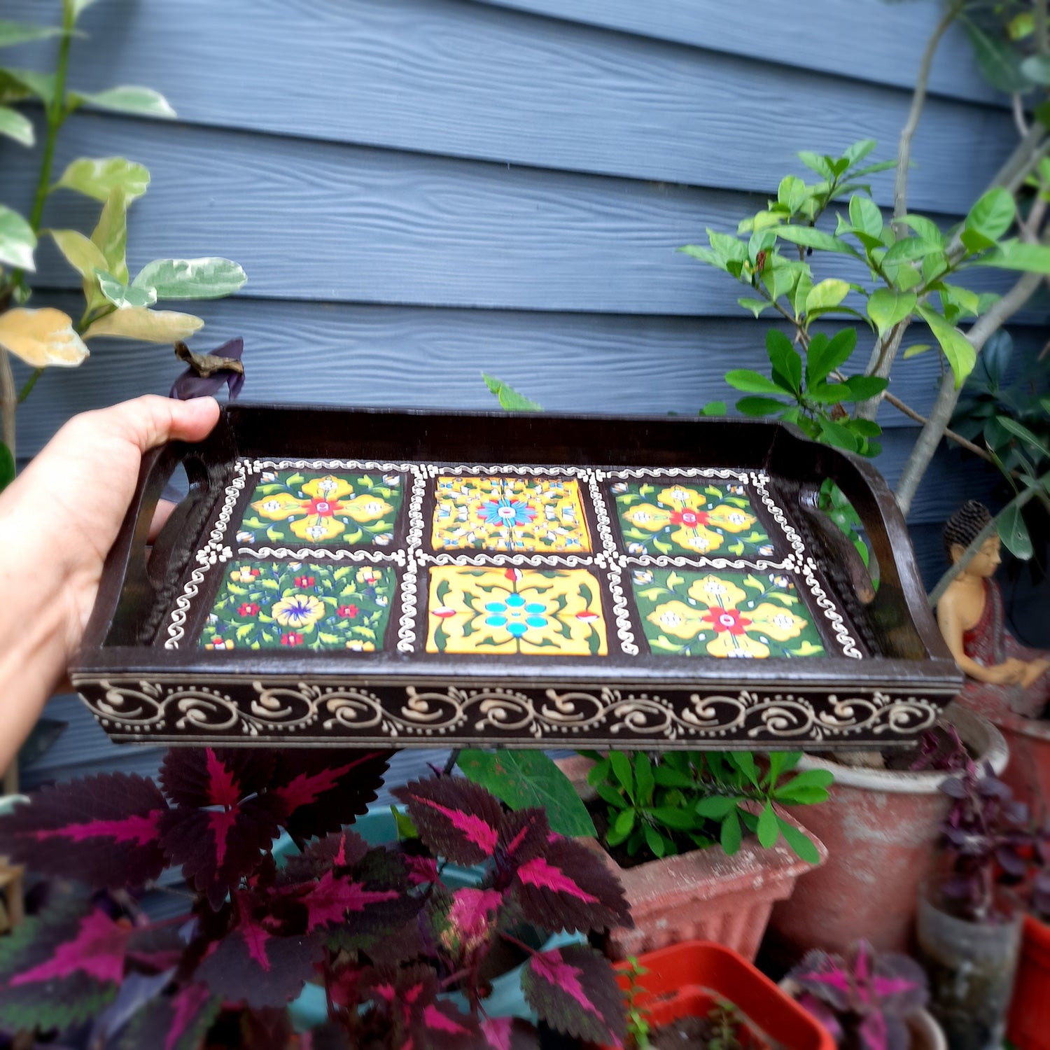 Serving Tray With In Built Ceramic Tiles | Tea & Snacks Serving Platter Wooden | Tray With Handles - for Home, Dining Table, Kitchen Decor, Restaurants, Office, Cafe & Gifts - 12 Inch - Apkamart