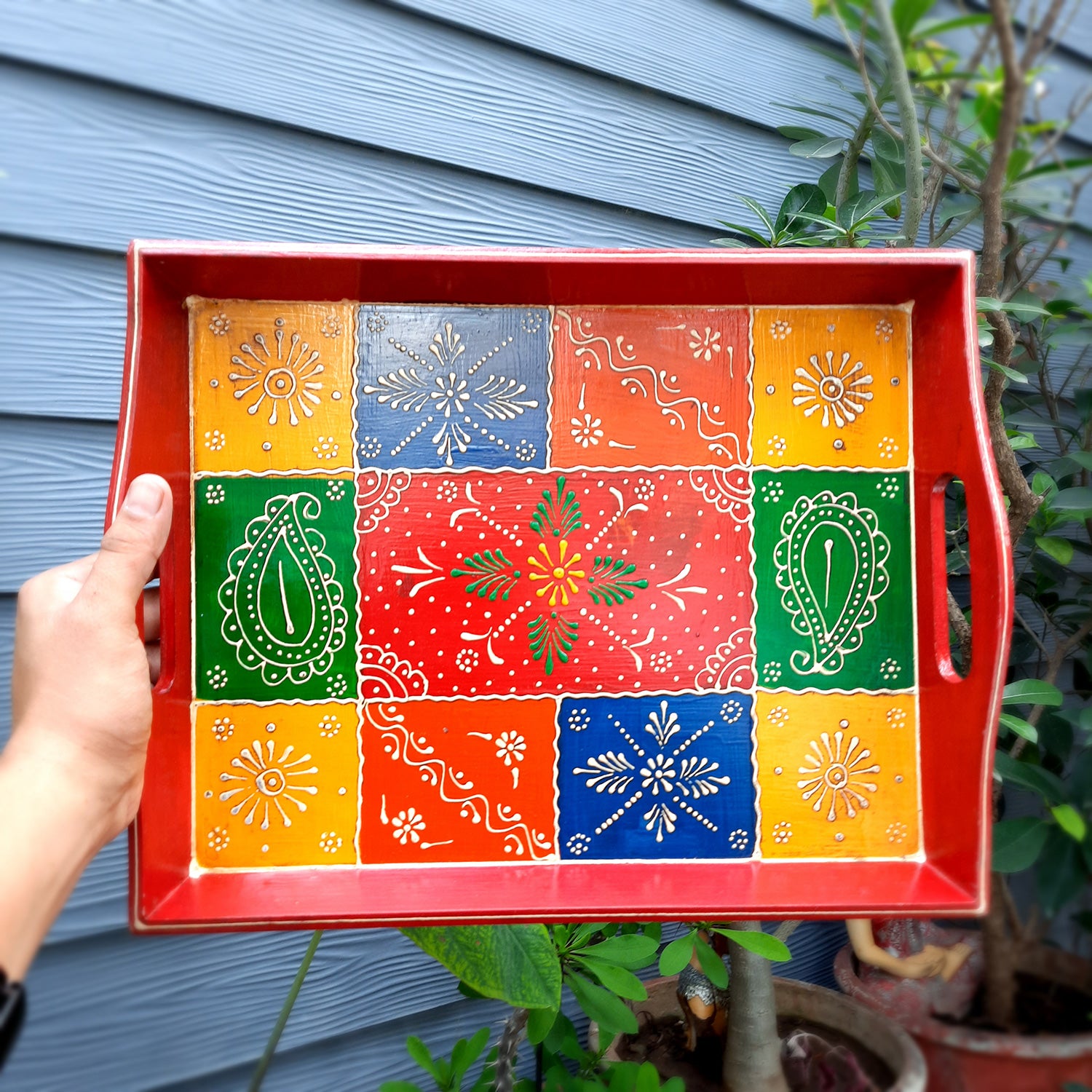 Serving Tray Wooden | Tea & Snacks Serving Platter - for Home, Dining Table, Kitchen Decor & Gift - 14 Inch - Apkamart