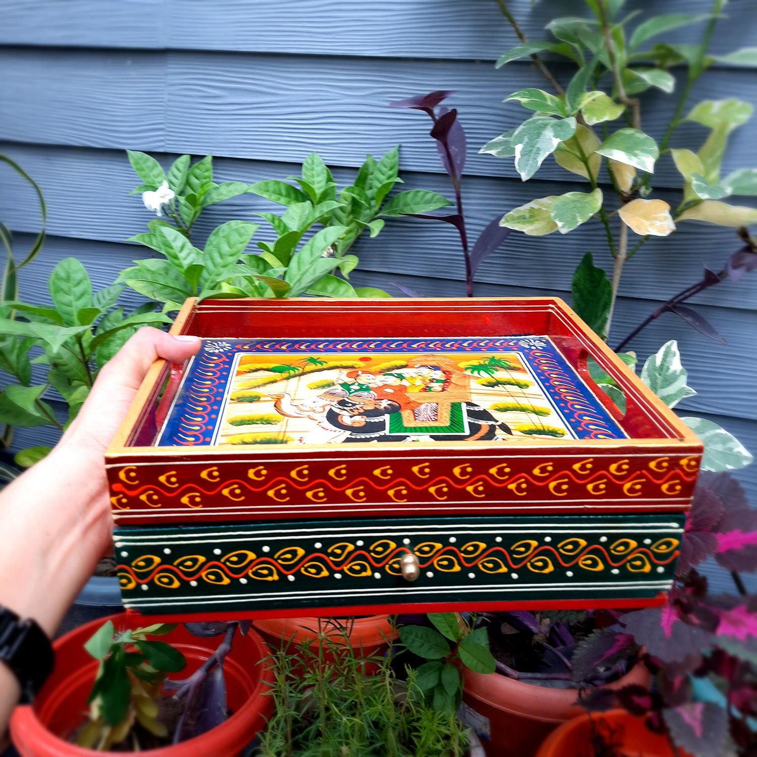 Serving Tray Wooden With Drawer | Tray Cum Organizer for Keeping Tea/ Sugar/ Coffee Sachet & Cutlery - for Home, Dining Table, Kitchen Decor, Restaurant, Office, Cafe - 12 Inch - Apkamart