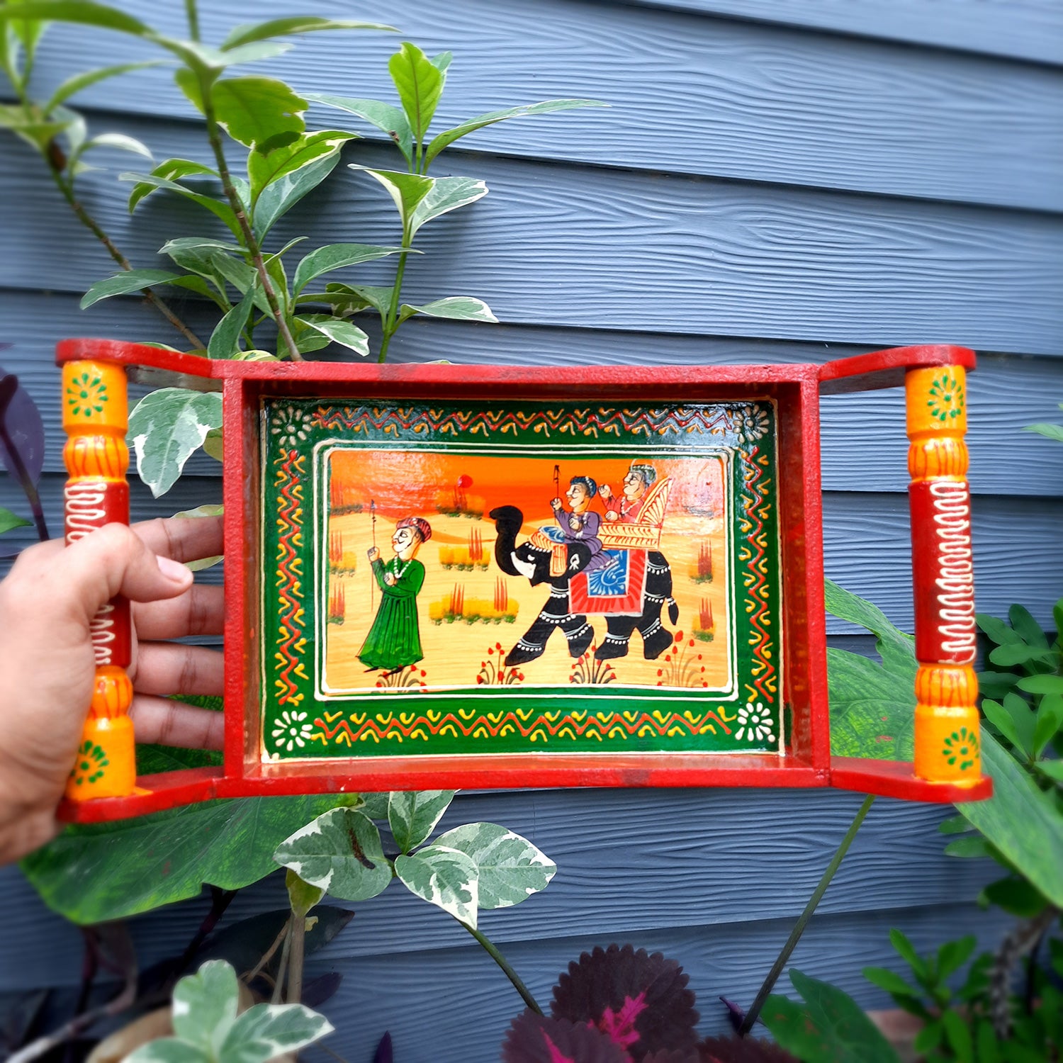 Serving Tray | Tea & Snacks Serving Platter Wooden | Tray With Handles - for Home, Dining Table, Kitchen Decor, Restaurants, Office, Cafe & Gifts - 13 Inch - Apkamart