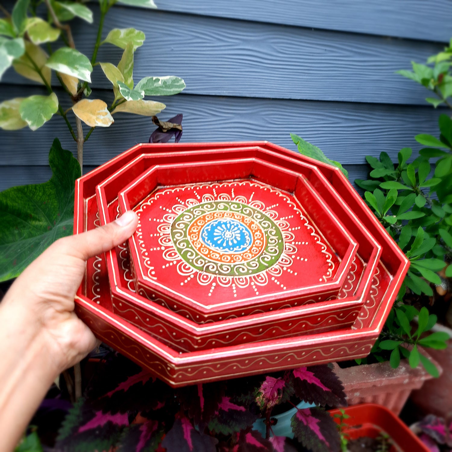 Wooden Serving Tray Set | Tea & Snacks Serving Platter - For Home, Dining Table, Kitchen Decor | Wedding & Housewarming Gift (Combo of 3) - Apkamart #Style_Design 2