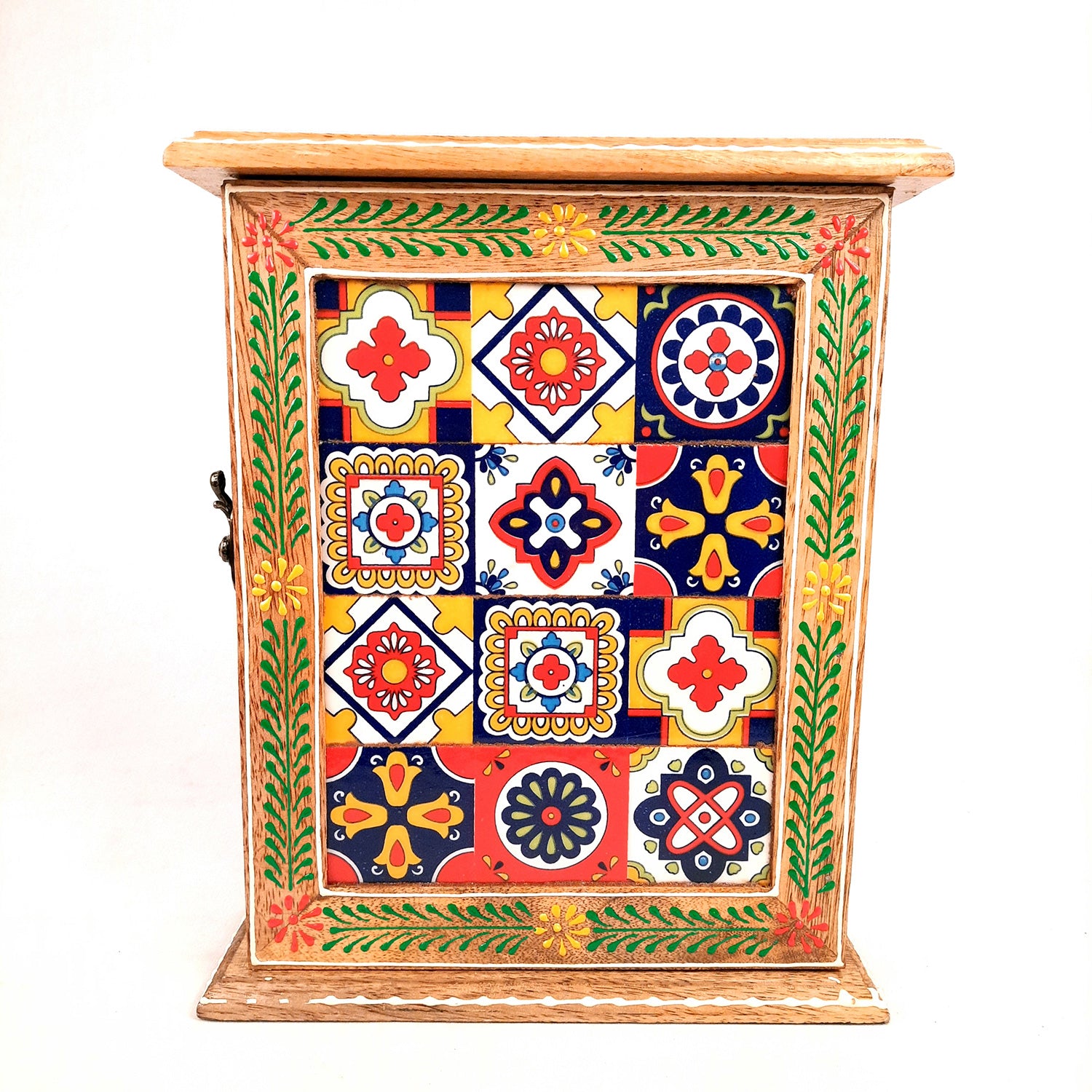 Key Holder Box With Ceramic Tiles | Wooden Wall Hanging Key Box Cabinet Stand - For Home, Office & Entrance Decor - Apkamart #Style_Design 1