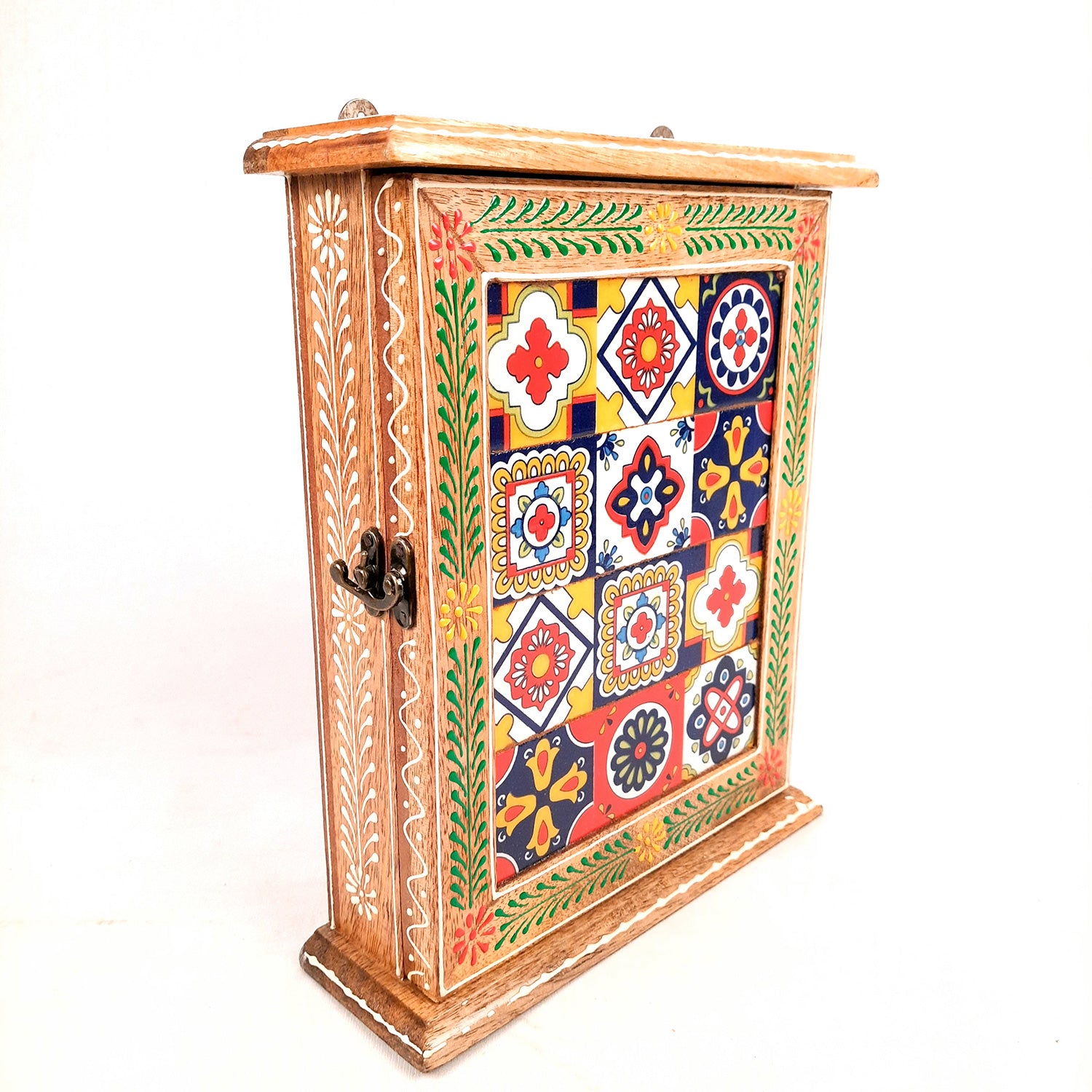 Key Holder Box With Ceramic Tiles | Wooden Wall Hanging Key Box Cabinet Stand - For Home, Office & Entrance Decor - Apkamart #Style_Design 1