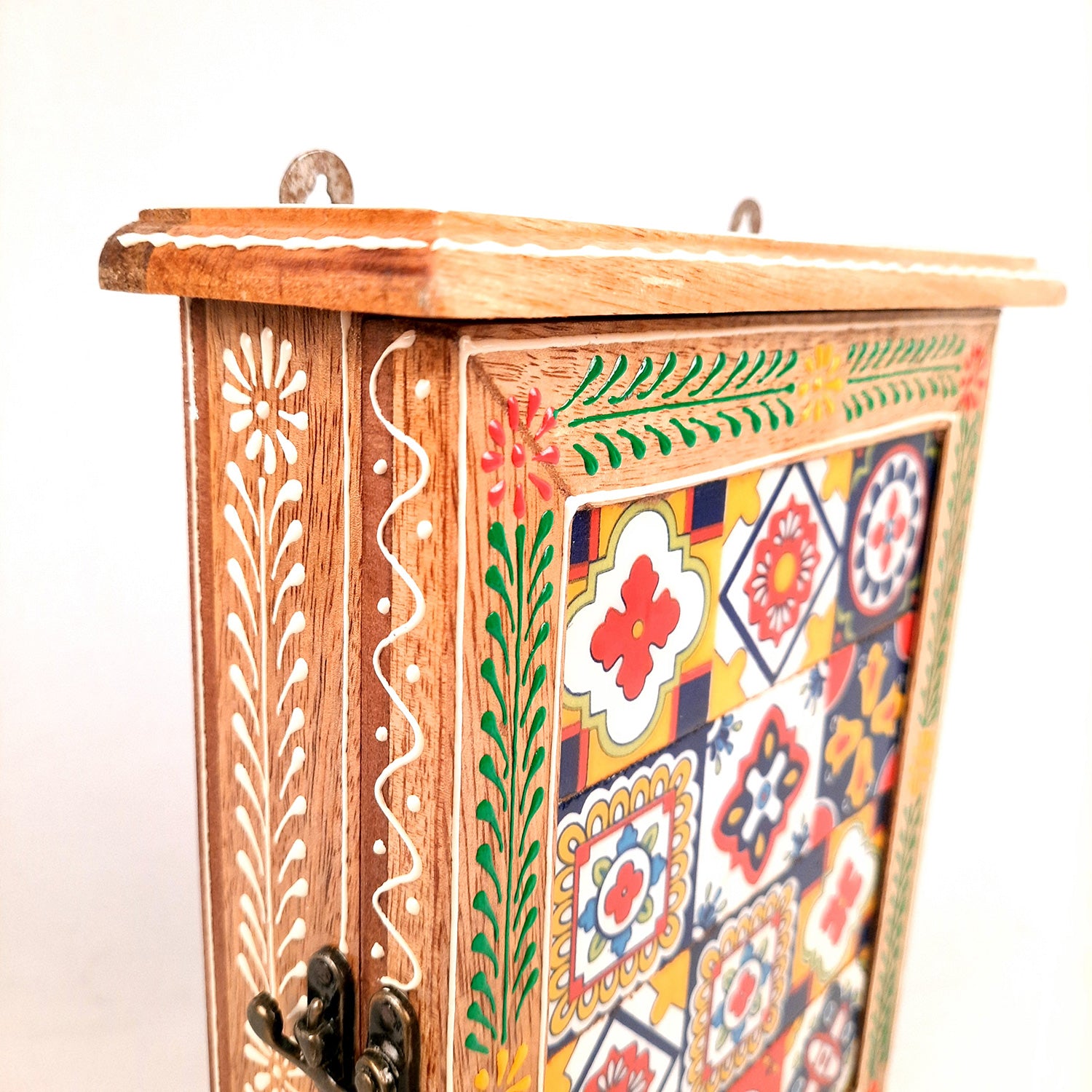 Key Holder Box With Ceramic Tiles | Wooden Wall Hanging Key Box Cabinet Stand - For Home, Office & Entrance Decor - Apkamart #Style_Design 1