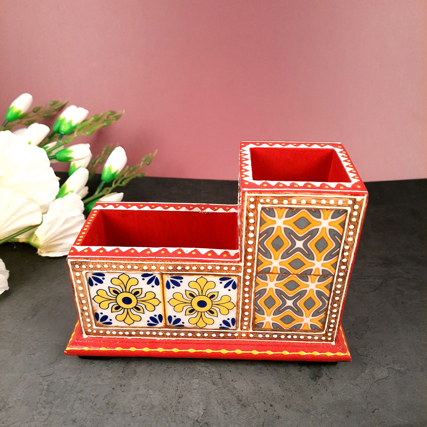 Tile Wooden Pen Stand - Pen Holder for Study Table & Gifts - 5 Inches- Apkamart