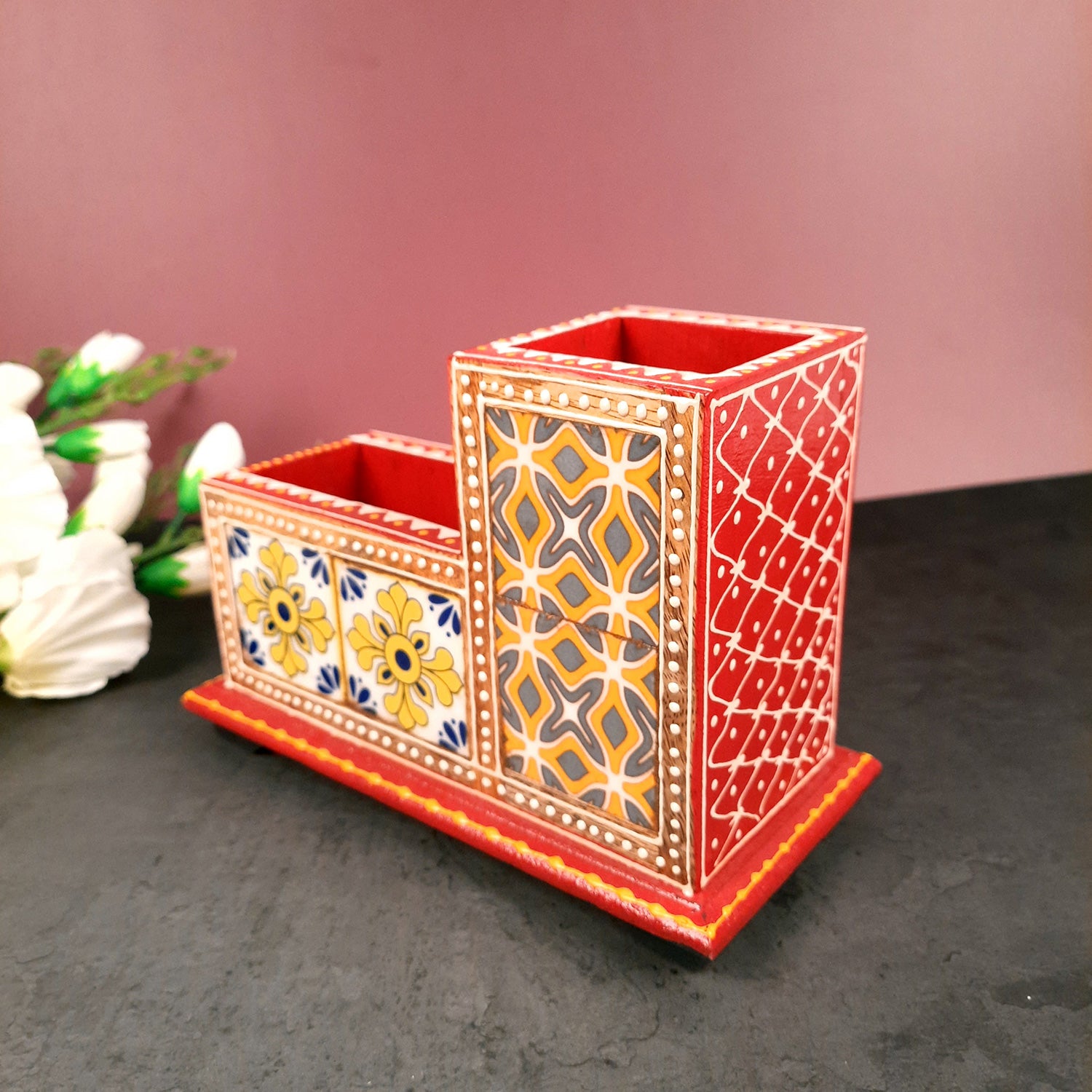 Tile Wooden Pen Stand - Pen Holder for Study Table & Gifts - 5 Inches- Apkamart