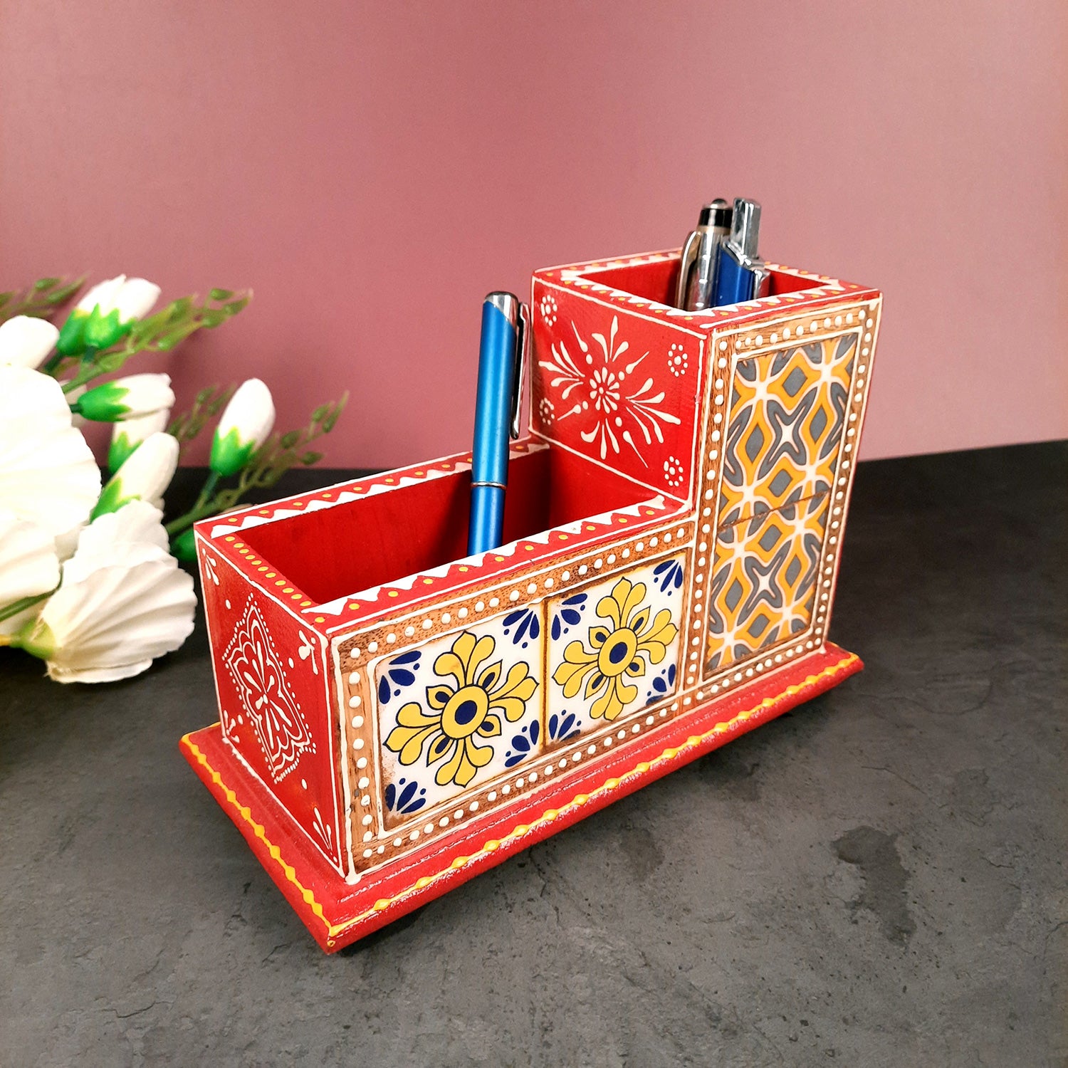 Tile Wooden Pen Stand - Pen Holder for Study Table & Gifts - 5 Inches- Apkamart