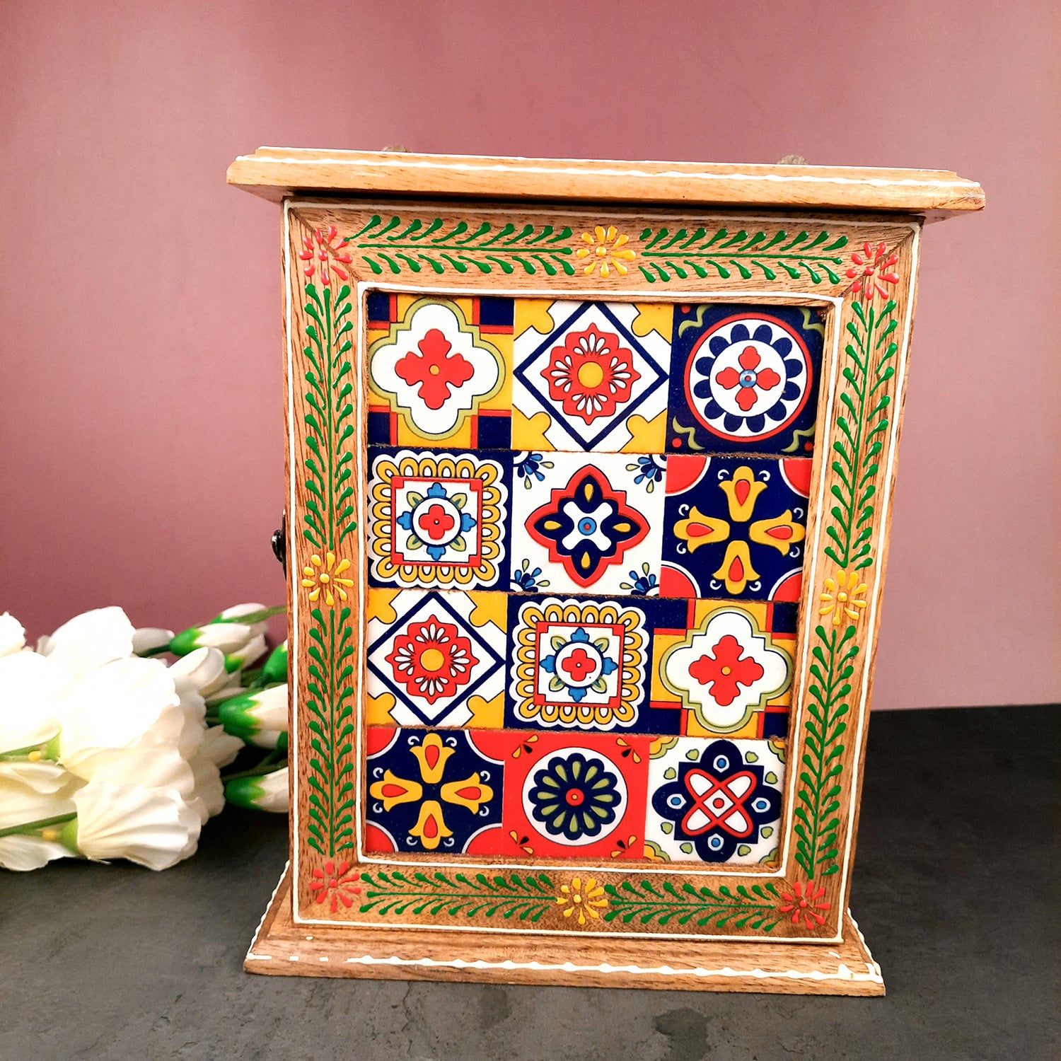 Key Holder Box With Ceramic Tiles | Wooden Wall Hanging Key Box Cabinet Stand - For Home, Office & Entrance Decor  - Apkamart #Style_Design 1