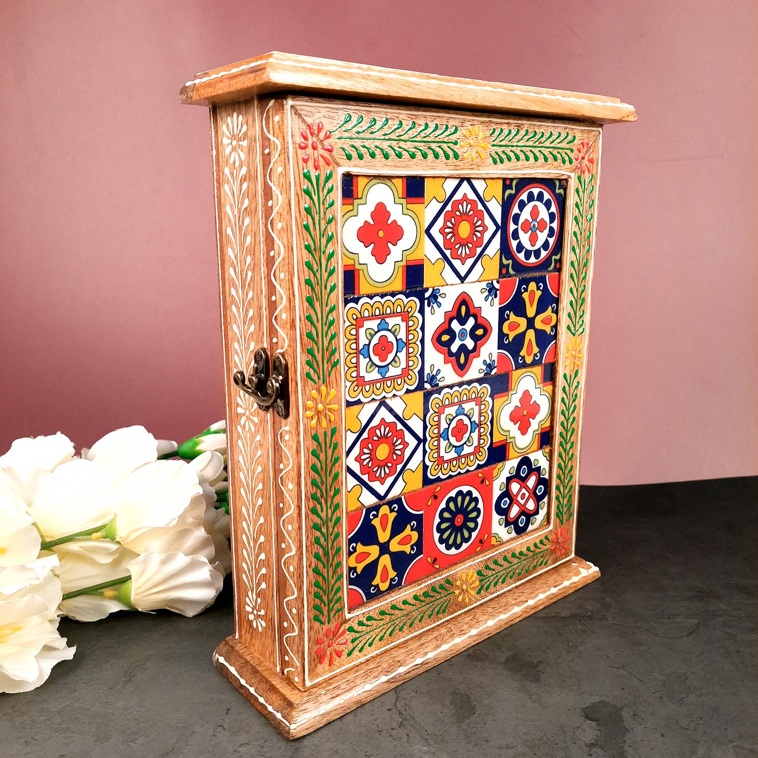 Key Holder Box With Ceramic Tiles | Wooden Wall Hanging Key Box Cabinet Stand - For Home, Office & Entrance Decor - Apkamart #Style_Design 1