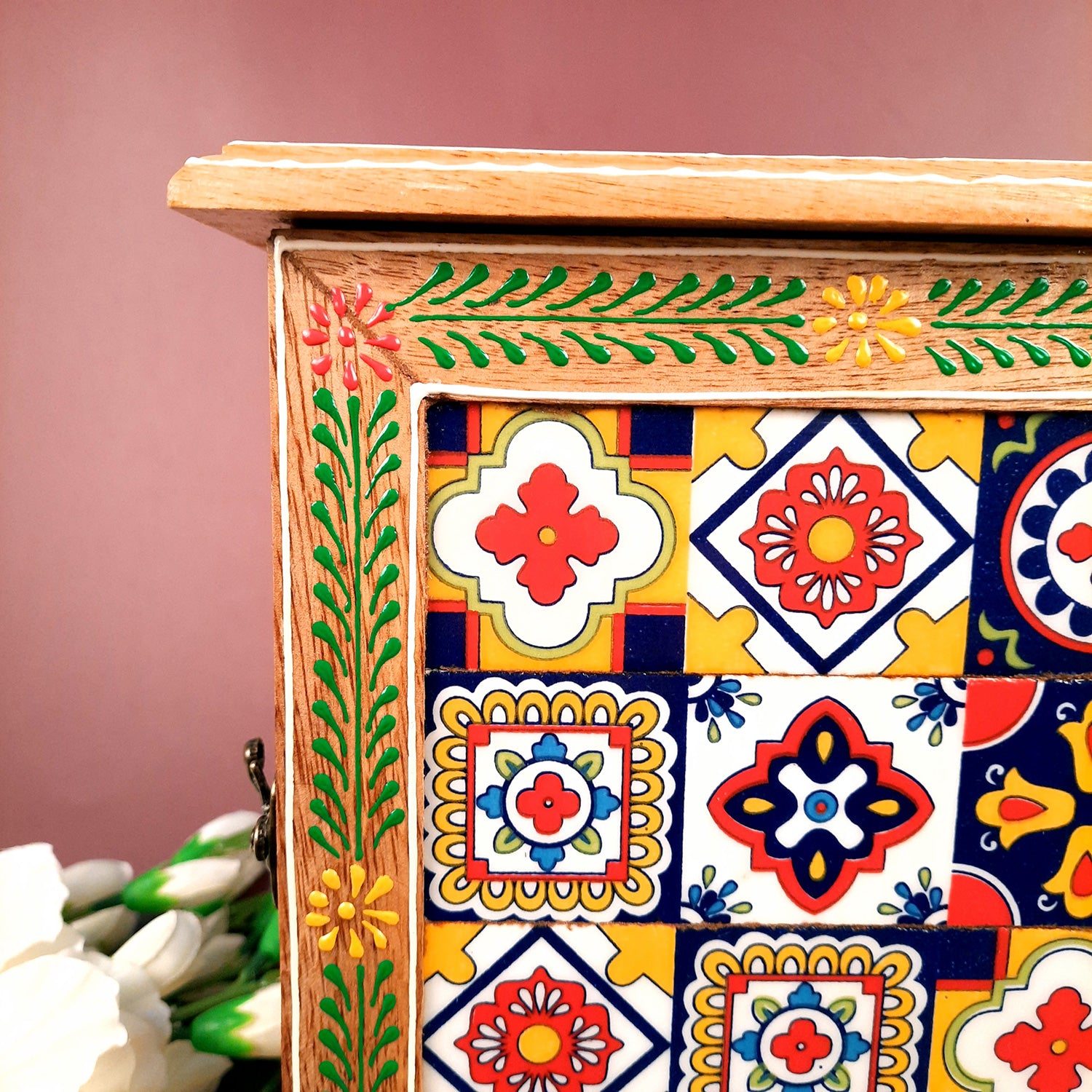 Key Holder Box With Ceramic Tiles | Wooden Wall Hanging Key Box Cabinet Stand - For Home, Office & Entrance Decor - Apkamart #Style_Design 1