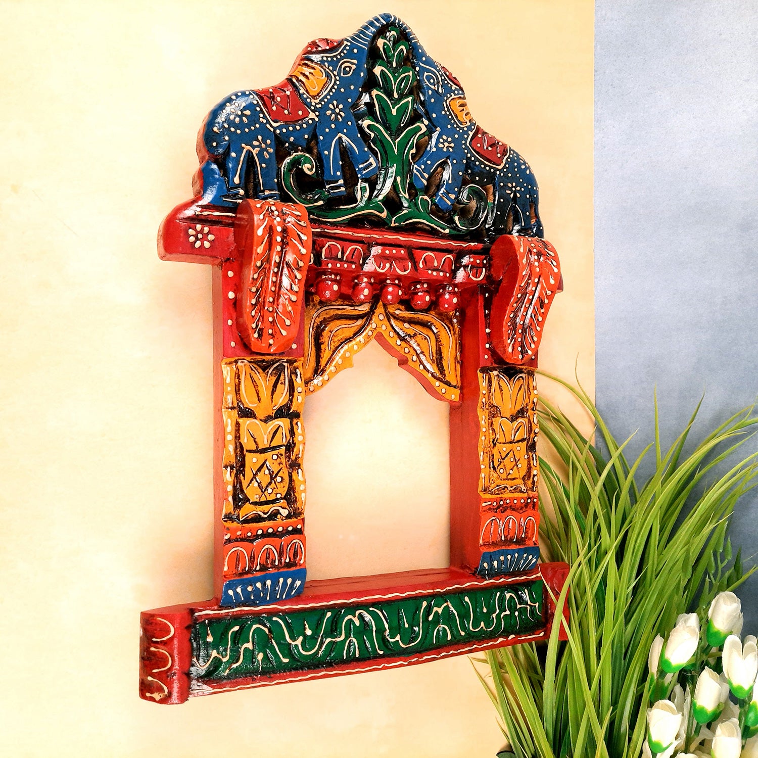 Wooden Jharokha Wall Hanging - Elephant Design - For Living Room, Wall & Home Decor & Gifts -18 Inch - Apkamart #color_Blue