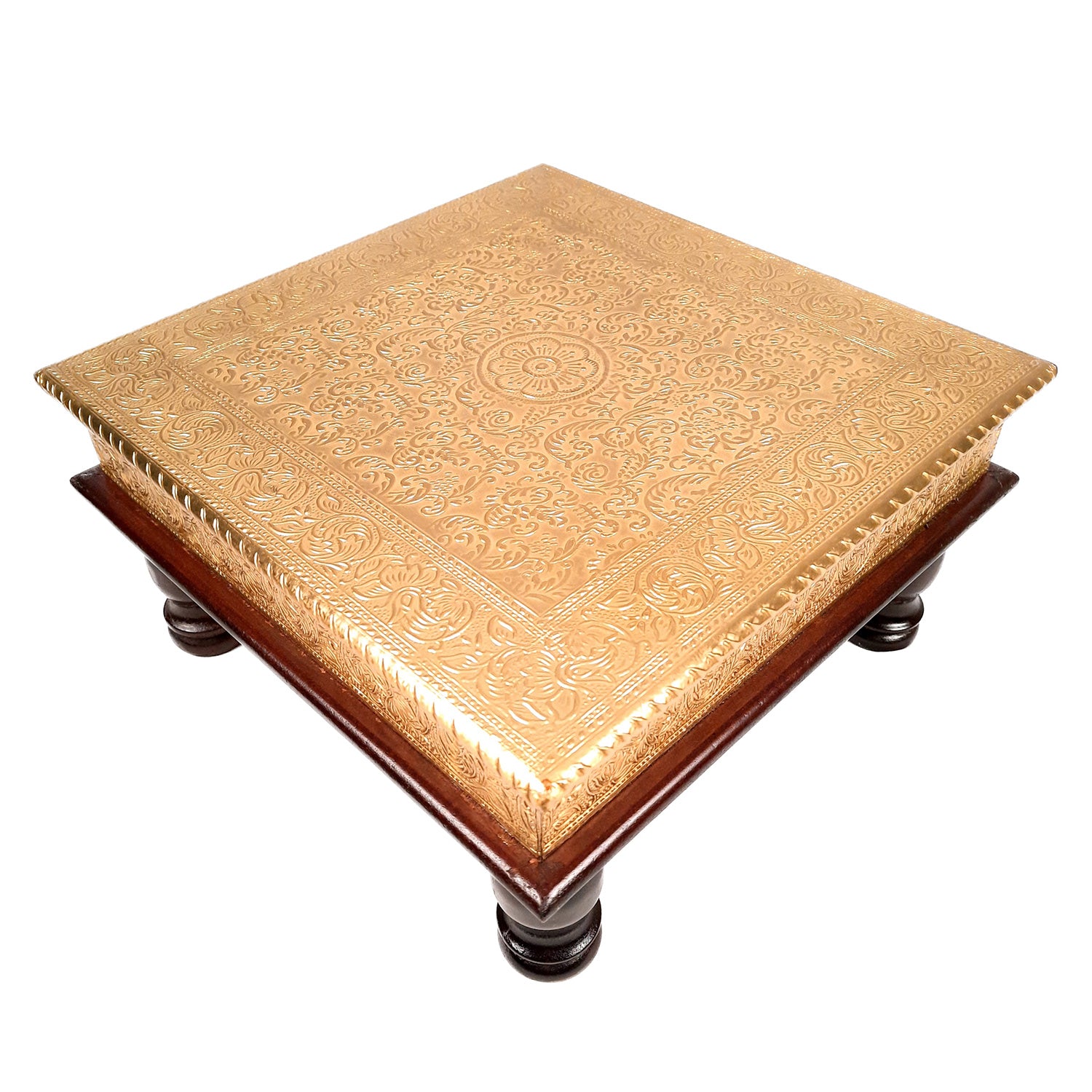 Puja Chowki Bajot | Brass Chauki Wooden - For Pooja, Temple, Home Decor & Sitting - 12 Inch - Apkamart #Style_Design 1