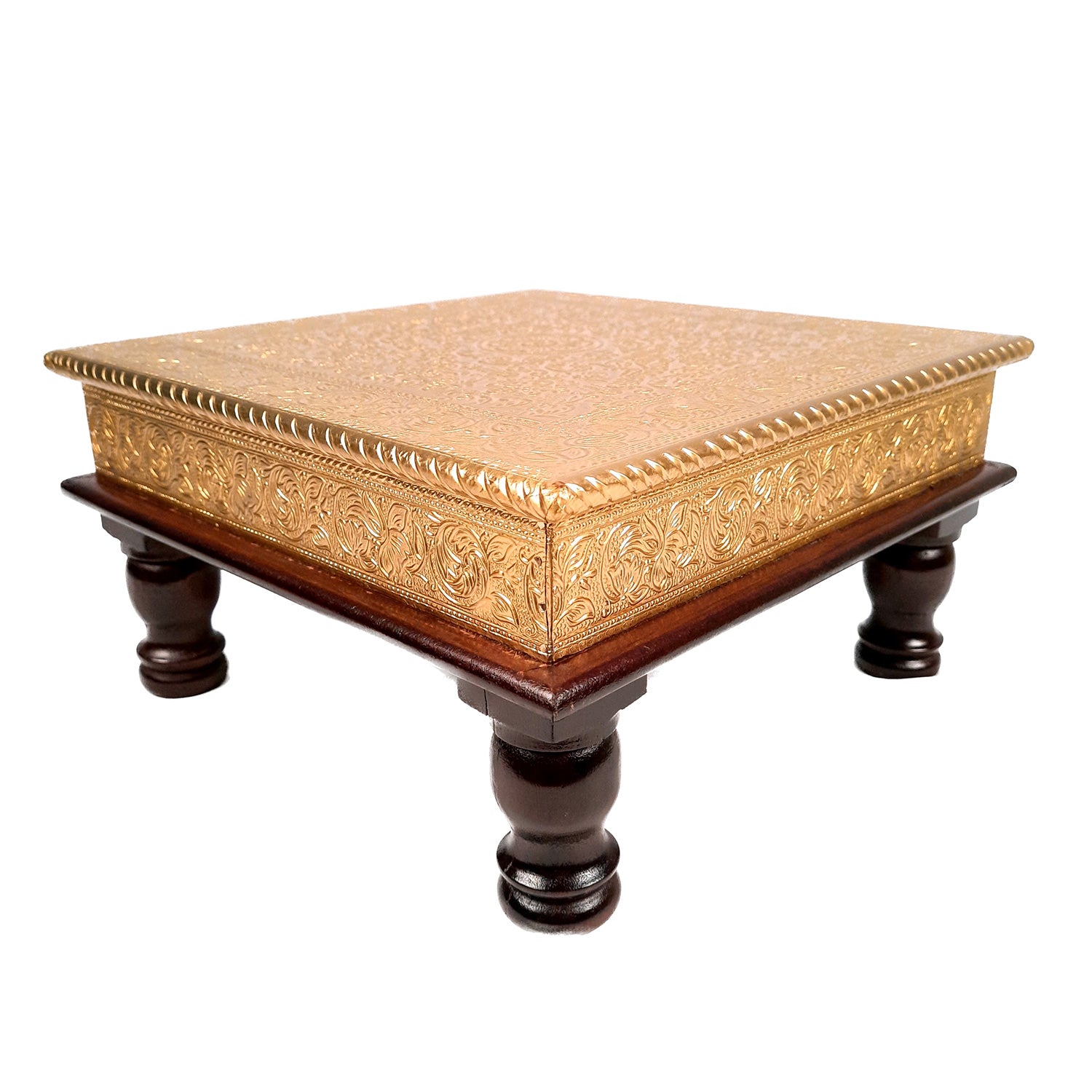 Puja Chowki Bajot | Brass Chauki Wooden - For Pooja, Temple, Home Decor & Sitting - 12 Inch - Apkamart #Style_Design 1