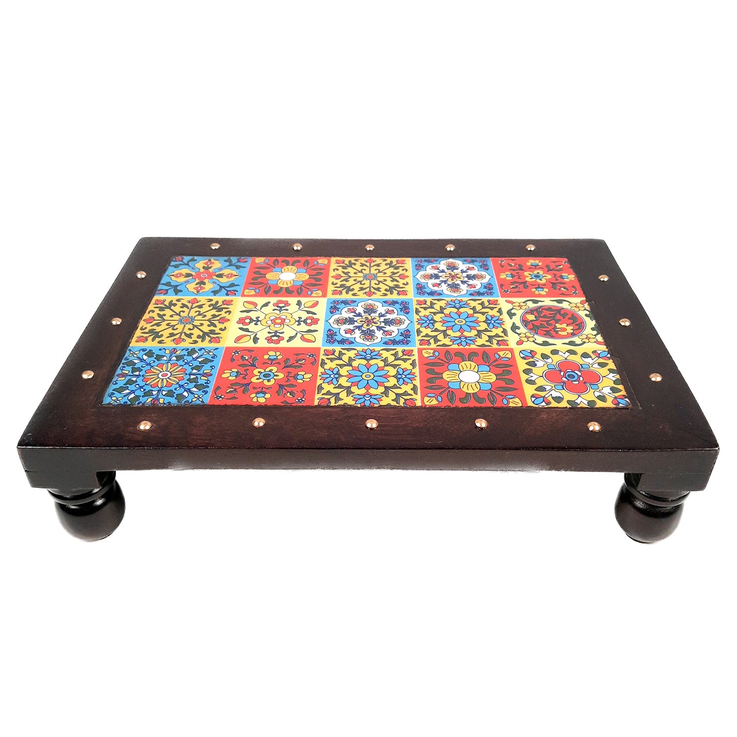 Puja Chowki Bajot | Patla with Ceramic Tile Top | Wooden Peeta - For Pooja, Sitting & Home Decor - 12 Inch - apkamart