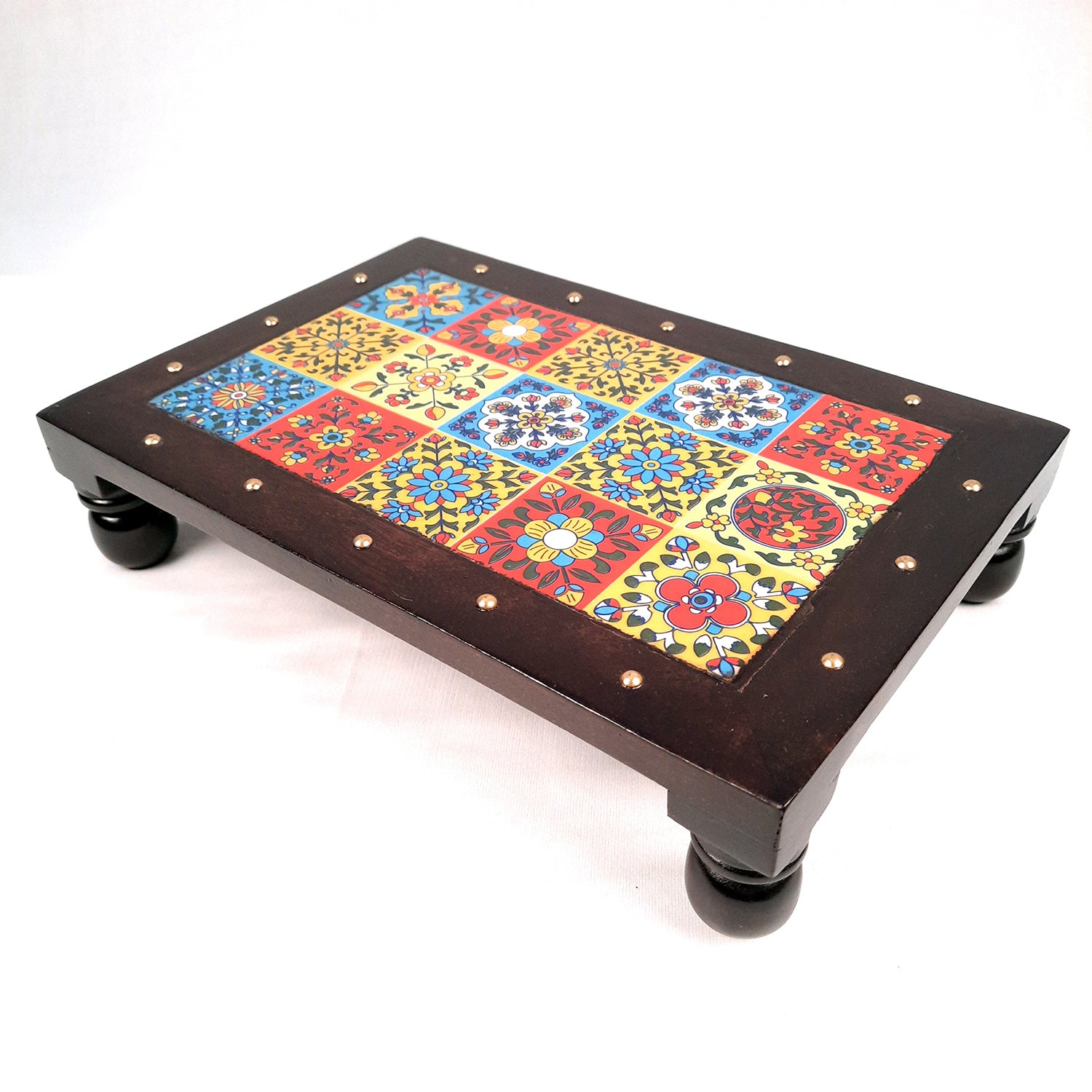Puja Chowki Bajot | Patla with Ceramic Tile Top | Wooden Peeta - For Pooja, Sitting & Home Decor - 12 Inch - apkamart