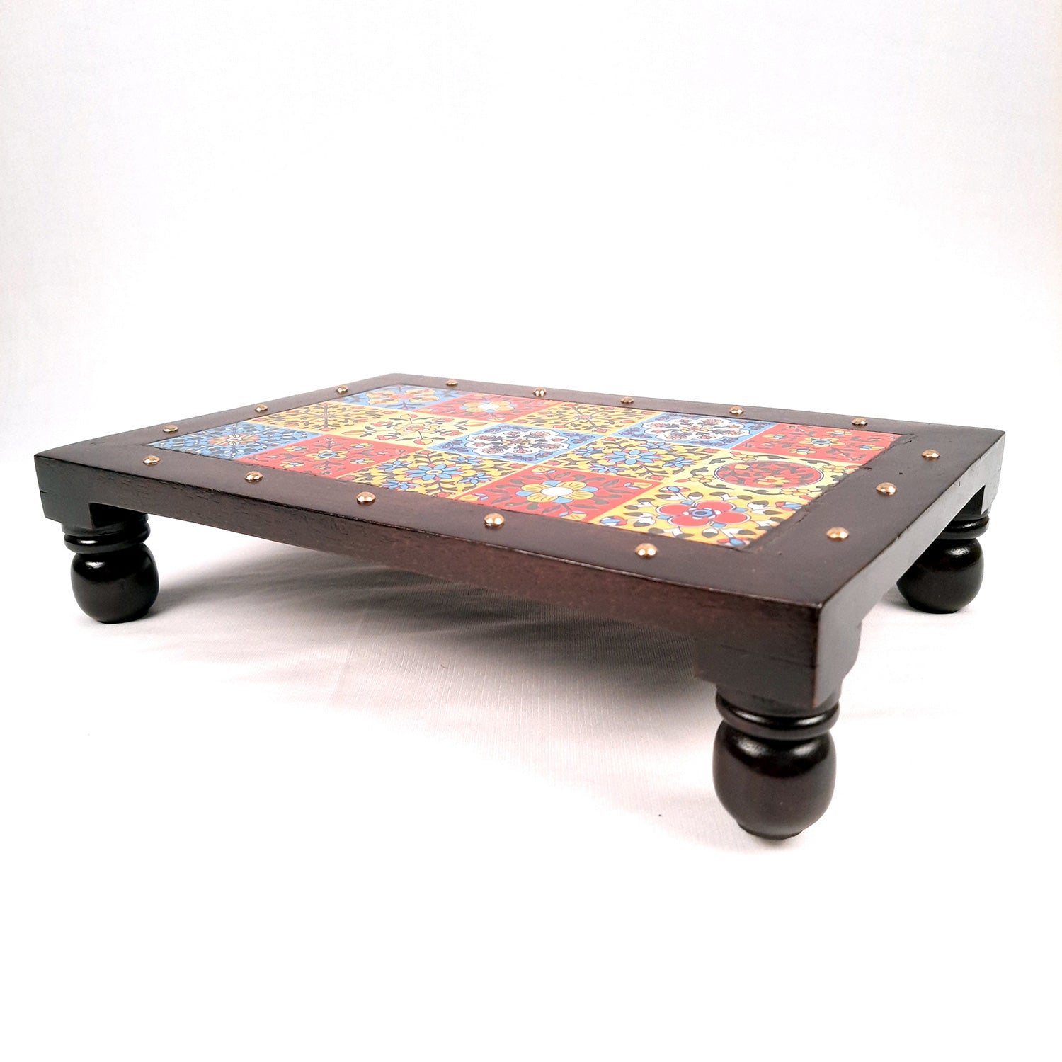 Puja Chowki Bajot | Patla with Ceramic Tile Top | Wooden Peeta - For Pooja, Sitting & Home Decor - 12 Inch - apkamart