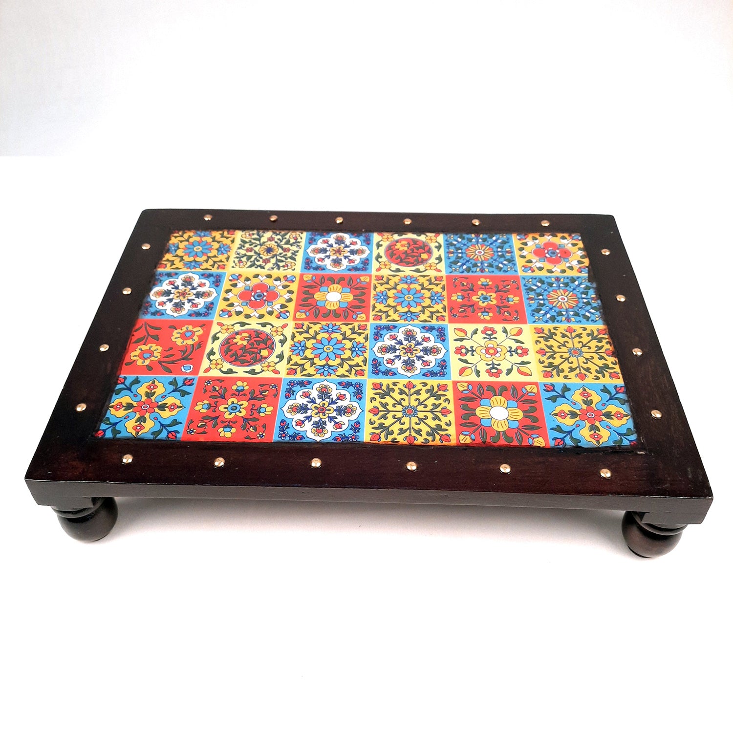 Puja Chowki Bajot Wooden | Patla with Ceramic Tile Top | Peeta - For Sitting, Corner Decor, Plant Stand, Home Decoration & Gift - 14 Inch - Apkamart