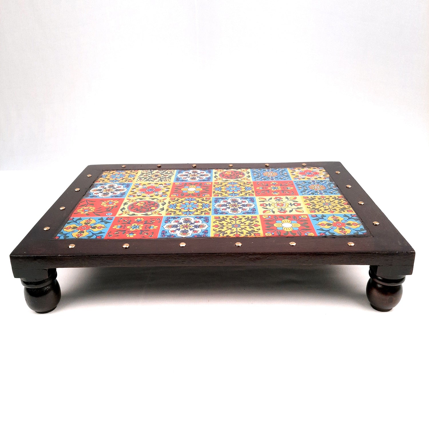 Puja Chowki Bajot Wooden | Patla with Ceramic Tile Top | Peeta - For Sitting, Corner Decor, Plant Stand, Home Decoration & Gift - 14 Inch - Apkamart