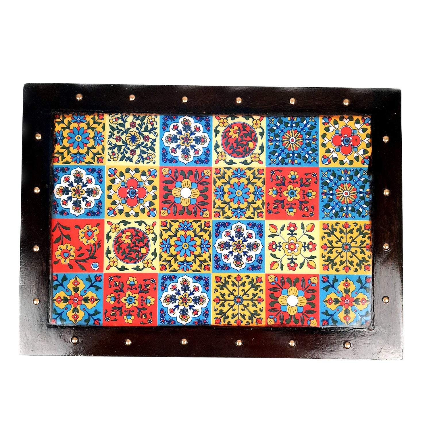 Puja Chowki Bajot Wooden | Patla with Ceramic Tile Top | Peeta - For Sitting, Corner Decor, Plant Stand, Home Decoration & Gift - 14 Inch - Apkamart