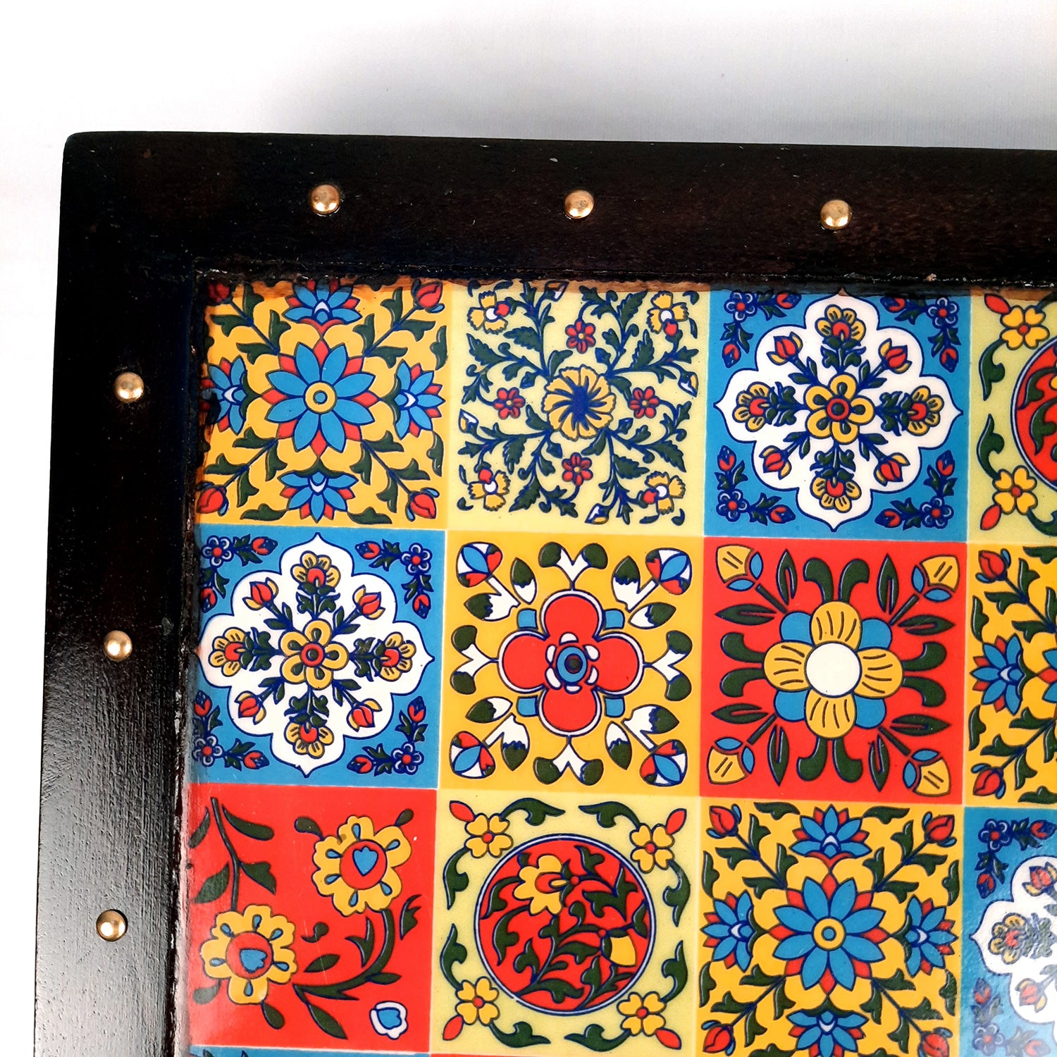 Puja Chowki Bajot Wooden | Patla with Ceramic Tile Top | Peeta - For Sitting, Corner Decor, Plant Stand, Home Decoration & Gift - 14 Inch - Apkamart