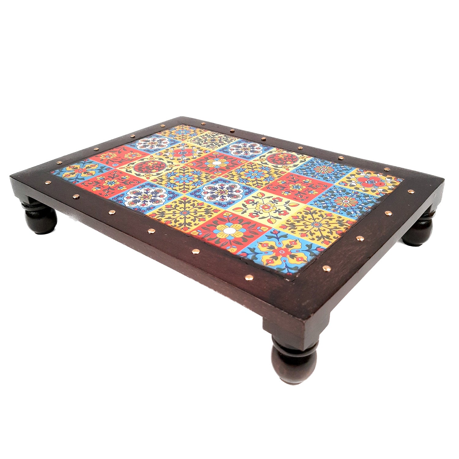 Puja Chowki Bajot Wooden | Patla with Ceramic Tile Top | Peeta - For Sitting, Corner Decor, Plant Stand, Home Decoration & Gift - 14 Inch - Apkamart