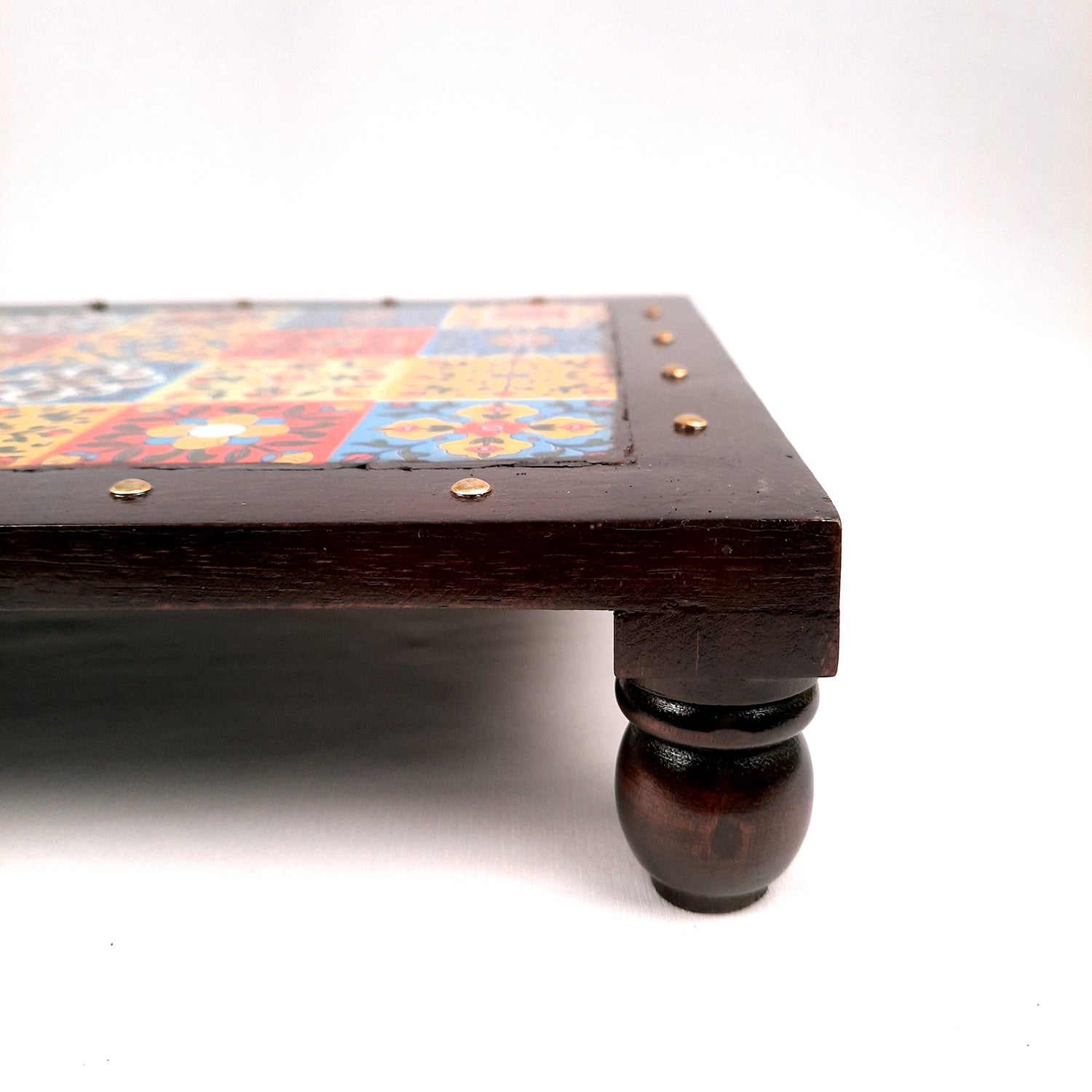 Puja Chowki Bajot Wooden | Patla with Ceramic Tile Top | Peeta - For Sitting, Corner Decor, Plant Stand, Home Decoration & Gift - 14 Inch - Apkamart