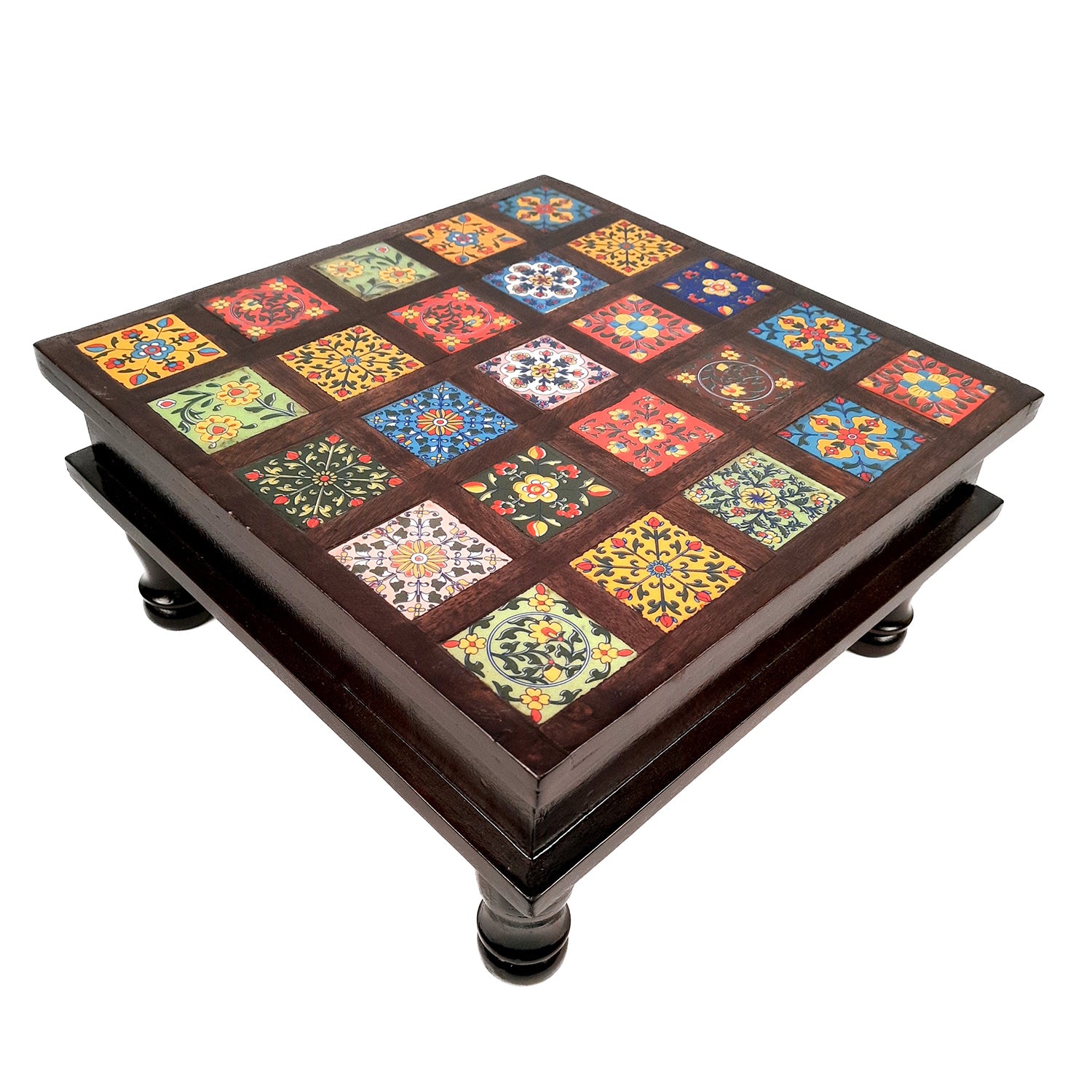 Wooden Puja Chowki with Ceramic Tile Top | Peeta / Patla - For Pooja, Weddings, Home Decor & Festivals - 13 Inches - Apkamart