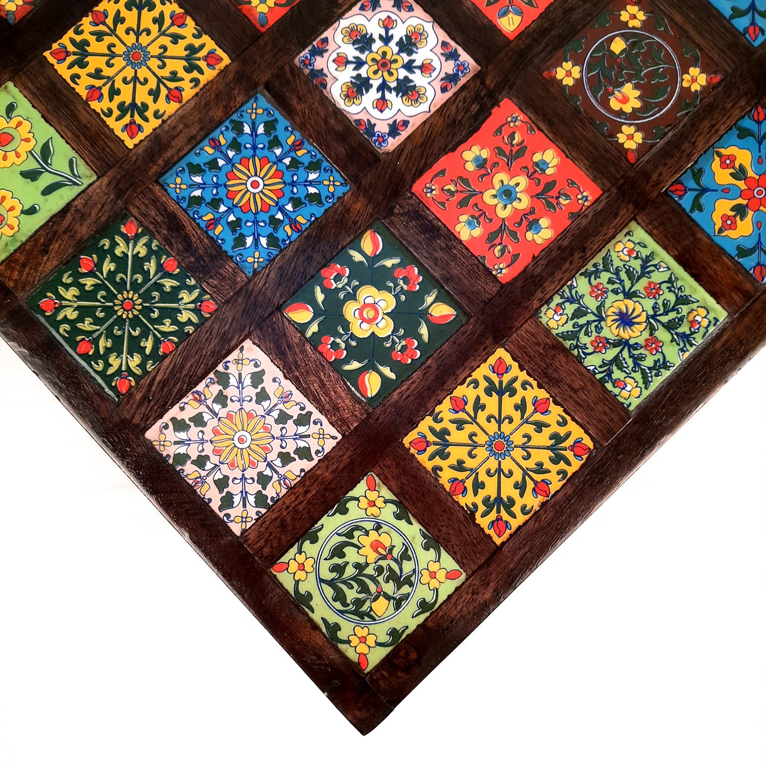 Wooden Puja Chowki with Ceramic Tile Top | Peeta / Patla - For Pooja, Weddings, Home Decor & Festivals - 13 Inches - Apkamart